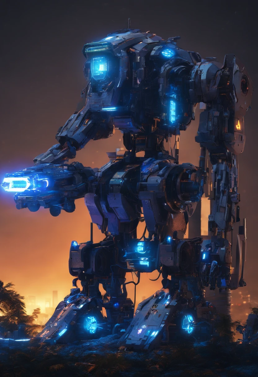 Um mecha azul, estilo inseto, com metralhadoras saindo pela boca, em uma floresta chuvosa e sombria, where the rain reflects the vibrant lights of the city in the distance, criando um contraste futurista, HD 4k