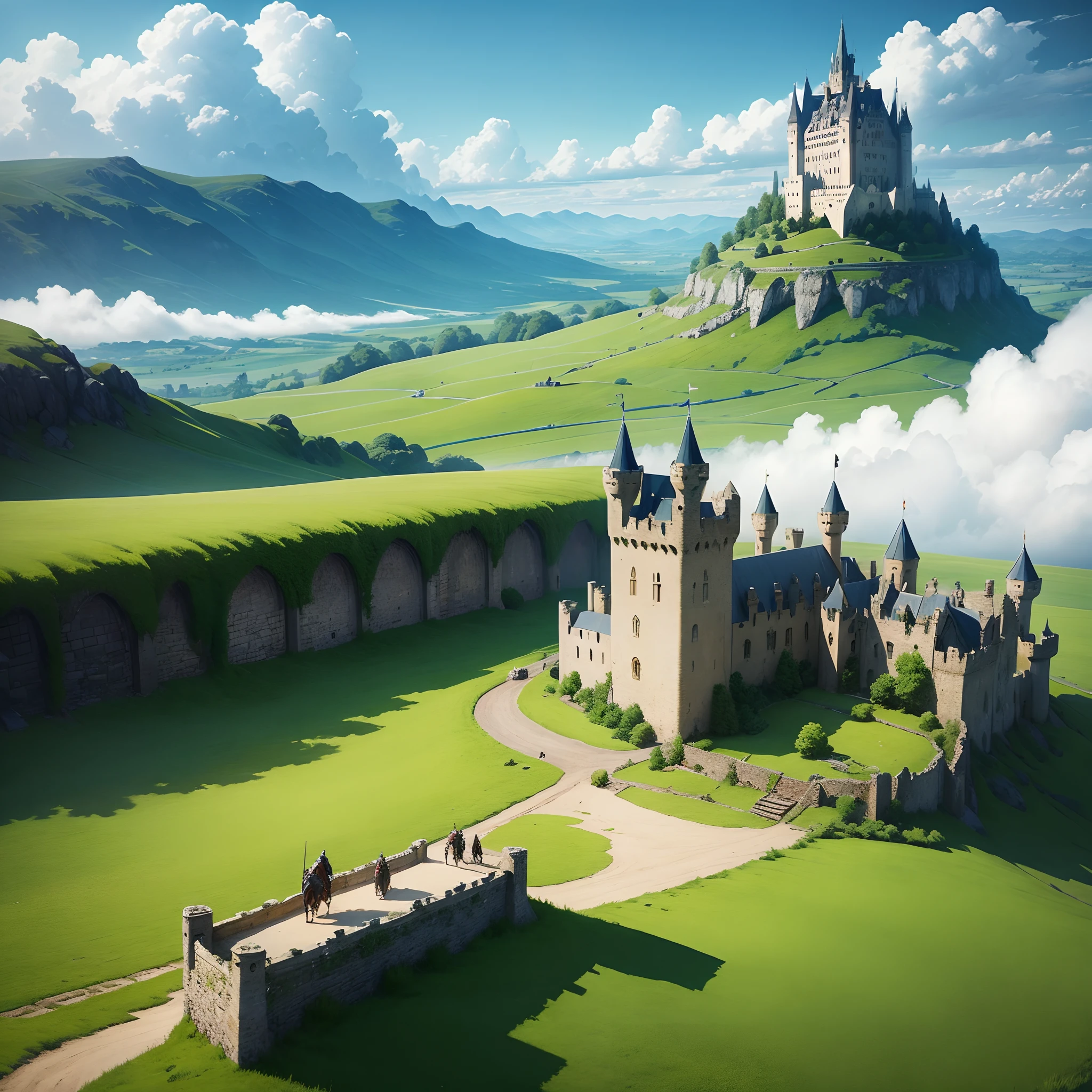 A medieval fantasy landscape, rolling green fields with a bright blue sky filled with puffy white clouds. On top of one of the clouds is a castle rising from it. A knight races across the field.