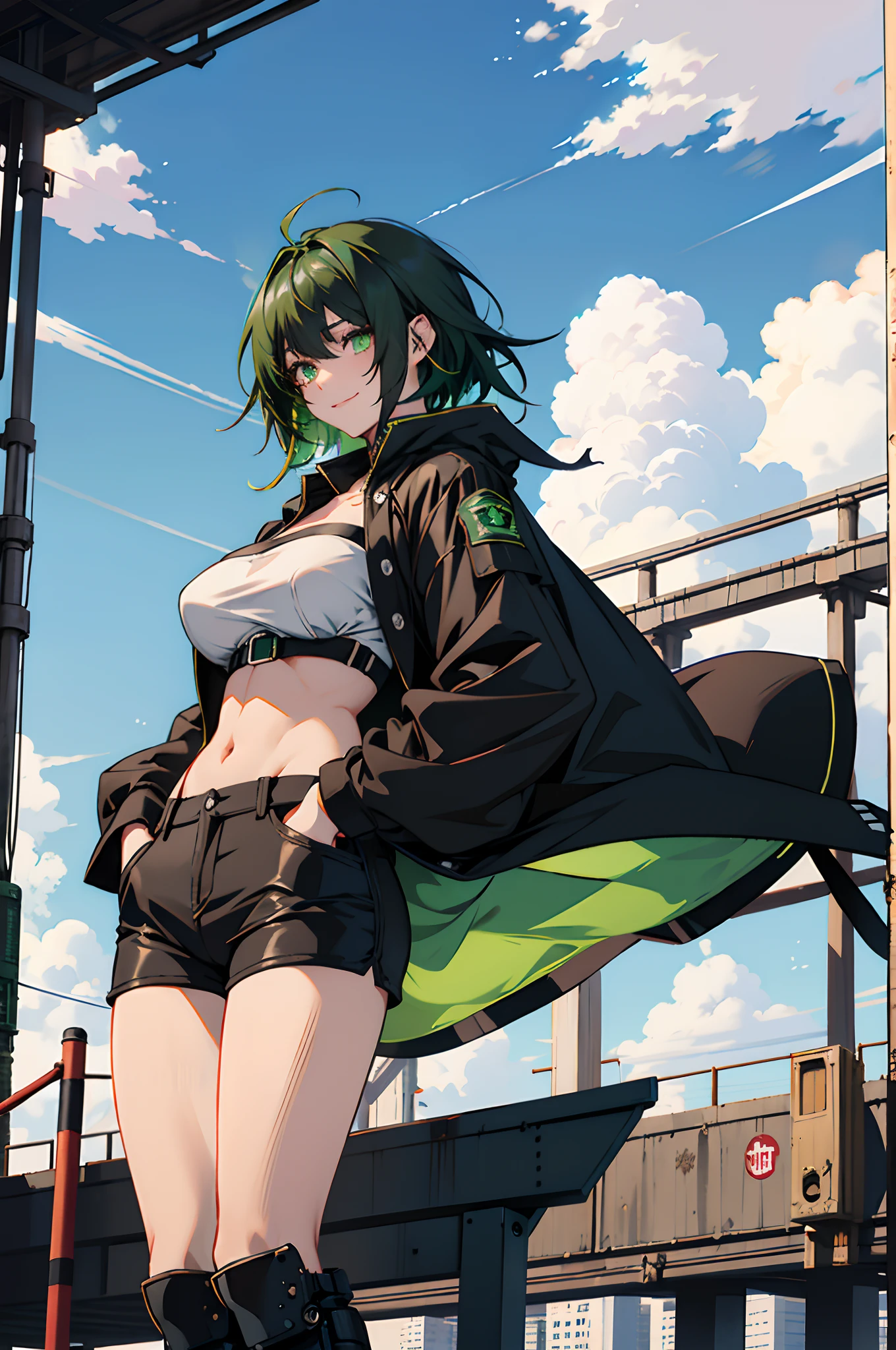 Masterpiece, Best Quality, High Definition, 1girl, Solo, Black Hair, Hair Bandage, Short Hair, Décolleté, White Shirt, Wet Shirt, Thong, Wide Thighs, Blue Eyes, Green Hair Band, Blind, Hair Bun, Barefoot, City, Outdoor