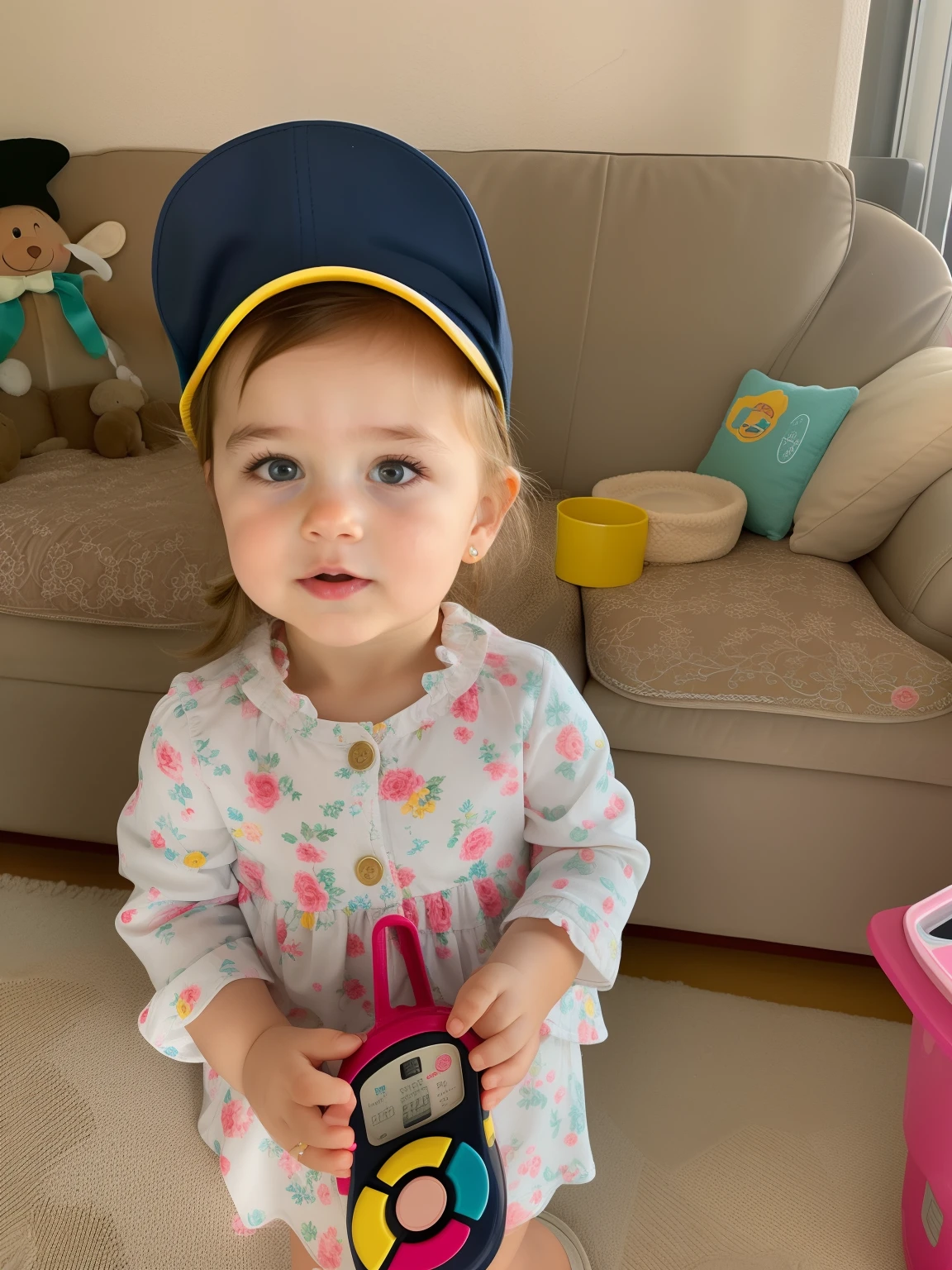 There is a  girl, which holds a toy phone, in a stupid hat, in a dark blue all-purpose cap, She's wearing a hat, 2 years  wearing a cute little hat, in a cute hat, she has a cute expressive face, sitting in her car, in blue and yellow clothes, It looks very stupid, 🤬 🤮 💕 🎀