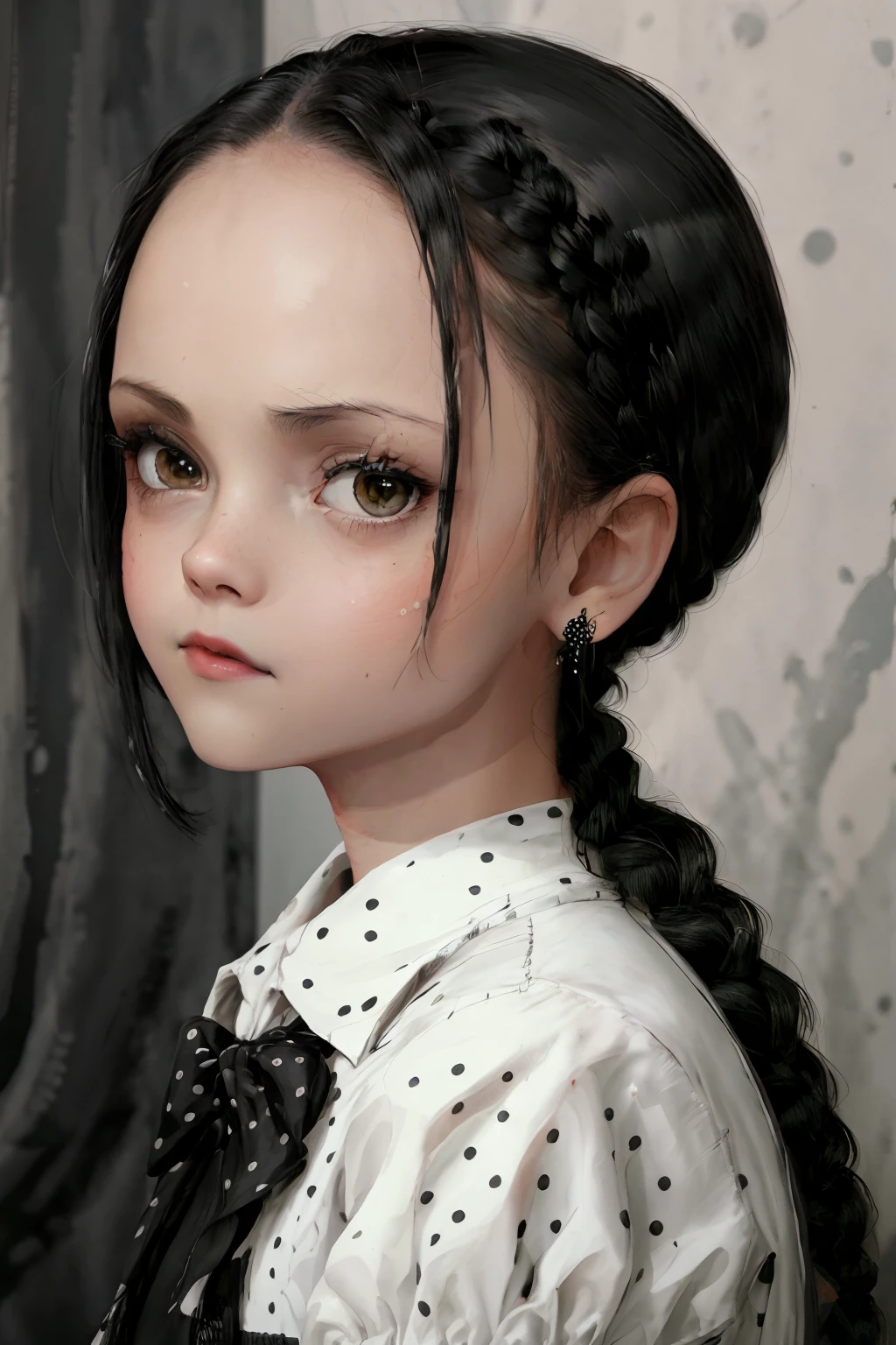 an extremely detailed digital illustration, high resolution, masterpiece, (of Chr1st1naR1cc1 as Wednesday Addams), black hair, (twin braids:1.2),   cowboy shot,
long hair, looking at viewer, (black onepiece with white polka dots, with white collar),  bangs, black eyes, short sword, grumpy face, glaring,  from above, front view,
 at night, dark ambient lighting, , wednesday addams, lightning