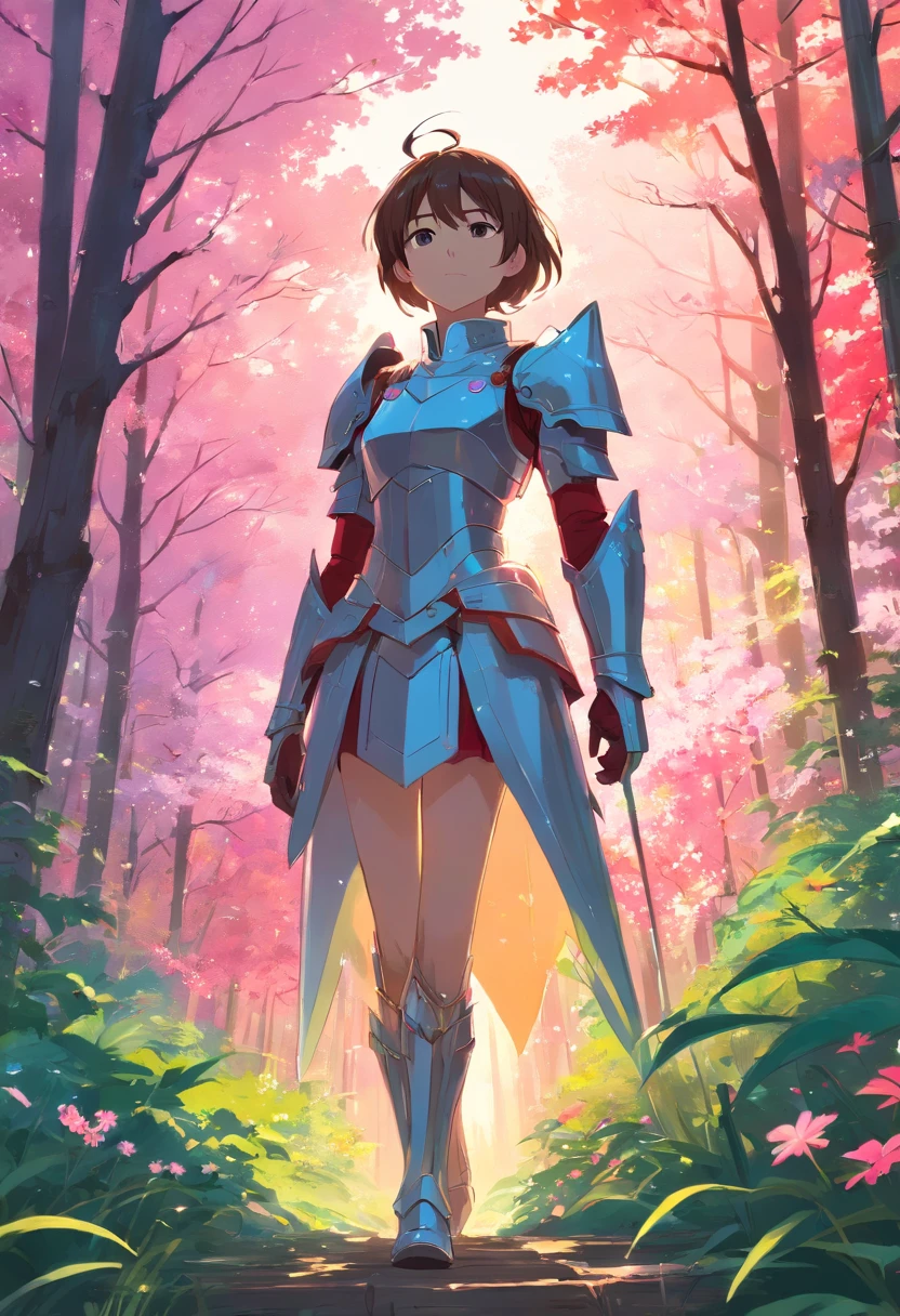 extreme detail description, knight wearing shining armor in a forest far away, love in the air, landscape, pallet knife and brush strokes, pink and red color palette, romantic atmosphere , ethereal, mysterious, colorful flowers blooming,
