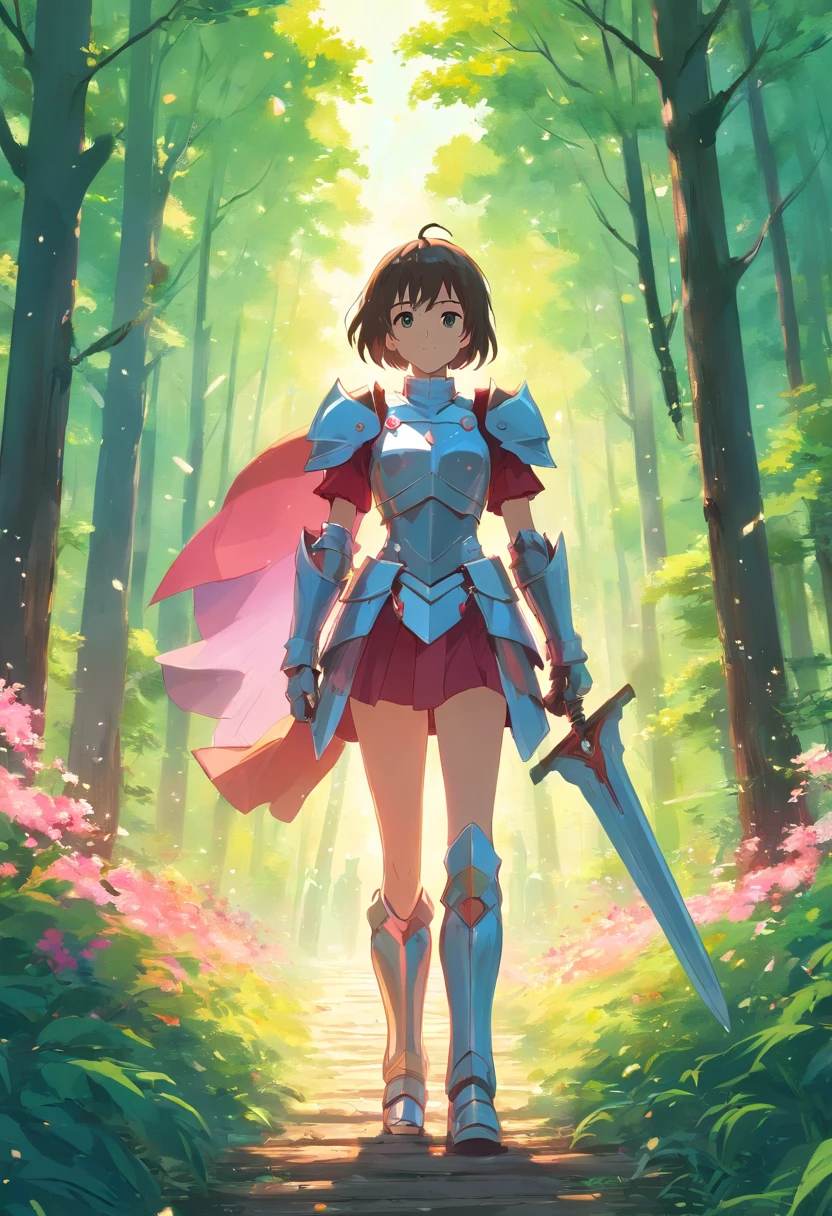 extreme detail description, knight wearing shining armor in a forest far away, love in the air, landscape, pallet knife and brush strokes, pink and red color palette, romantic atmosphere , ethereal, mysterious, colorful flowers blooming,