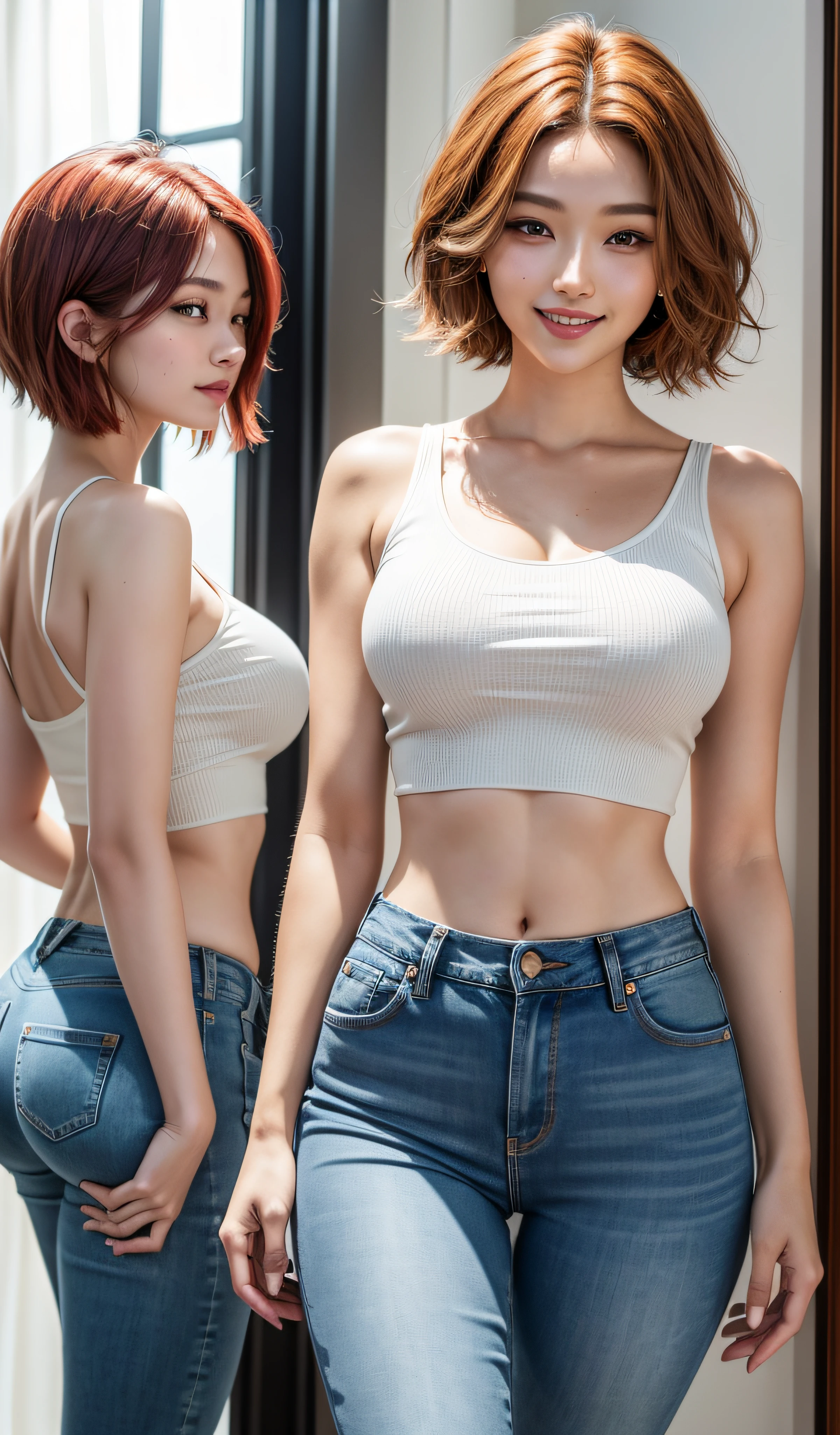 8K, Masterpiece, RAW photo, Best quality, Photorealistic, Extremely detailed CG unifies 8K, 8K, Diamond, and wallpaper, Depth of field, Cinematic light, Lens flare, Ray tracing, Super sexy Maria dressed （Low-cut and tight （Ultra-short，denim hot-pants）），((full bodyesbian)),((Long legs)), （thigh gap：1.5），（big assa），Pretty Korean girl, Kpop idol, 1 girl, (Very slim and slender muscular body:1.3), ((view the viewer)),(Big smile:1.3),（big assa），（（White crop top top：1.5） Vest with exposed neckline）， Short hair, Red hair， photorealestic， photography of， （A high resolution）， （realisticlying：1.4）， （very intricate）， （exquisitedetails）， highly  detailed， A high resolution， Original， Extremely detailed 8k wallpaper， best qualtiy， 详细的脸， ultra - detailed， RAW photogr， realisticlying， (Extremely beautiful face, Beautiful lips, Beautiful eyes), intricate detail face, ((ultra detailed skin)，（Low-cut and tight （Flare Jeans）），（thigh gap：1.5），（big assa）， (view the viewer:1.3) Short hair, Red hair，open breast, Very slim, Medium breasts, Turn Back, Back shot, , underwear