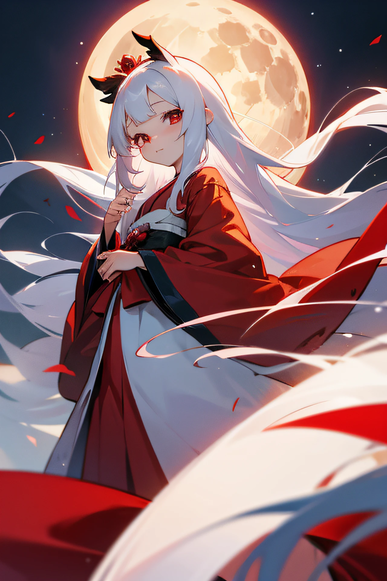 Anime, Cute Girl, Kimono, Long White Hair, Ruby Red Eyes, Princess, Kaguya, Full Moon, Haori,