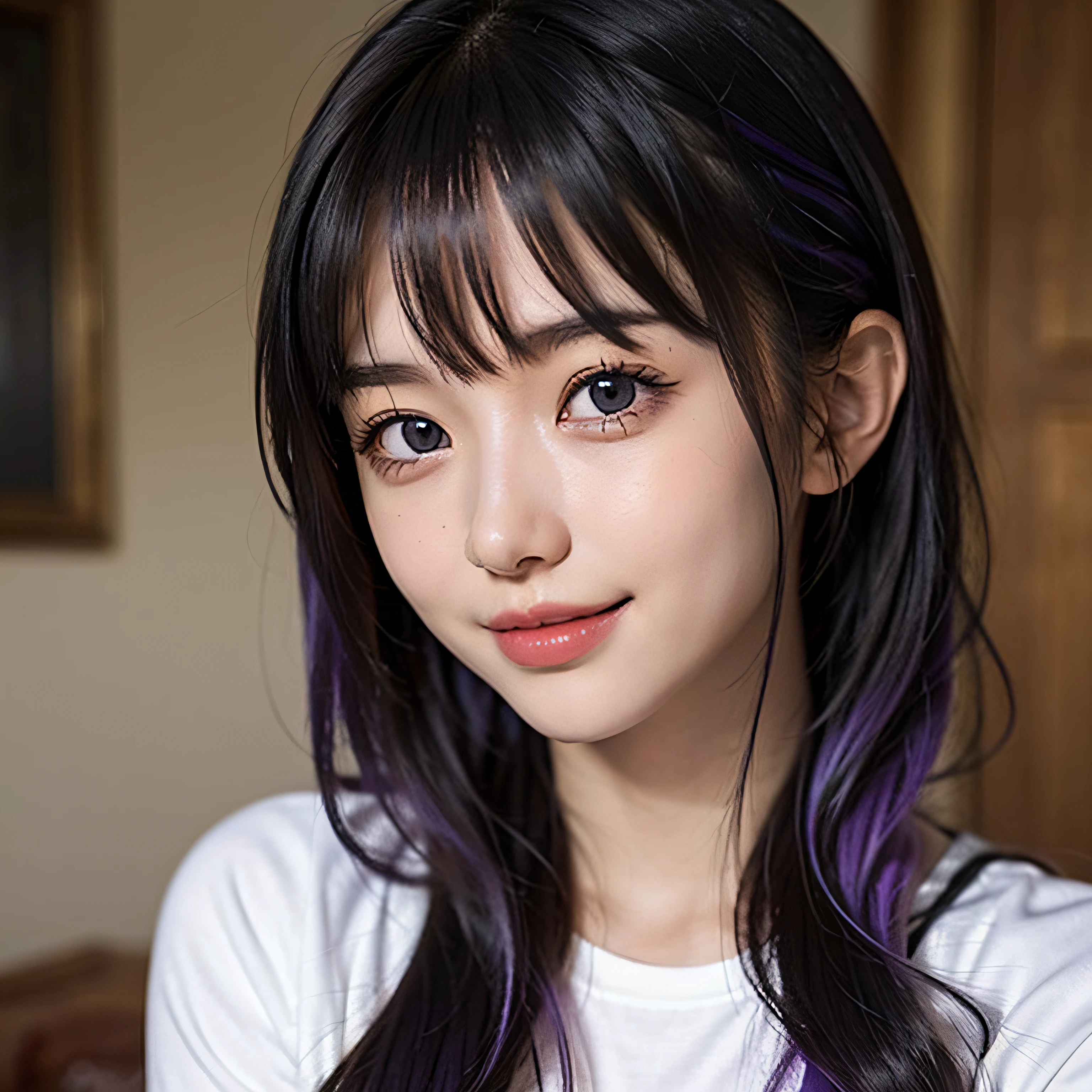 Best Quality, High quality, Cute little girl s, Solo, Beautiful purple hair, Beautiful purple eyes, lightsmile,