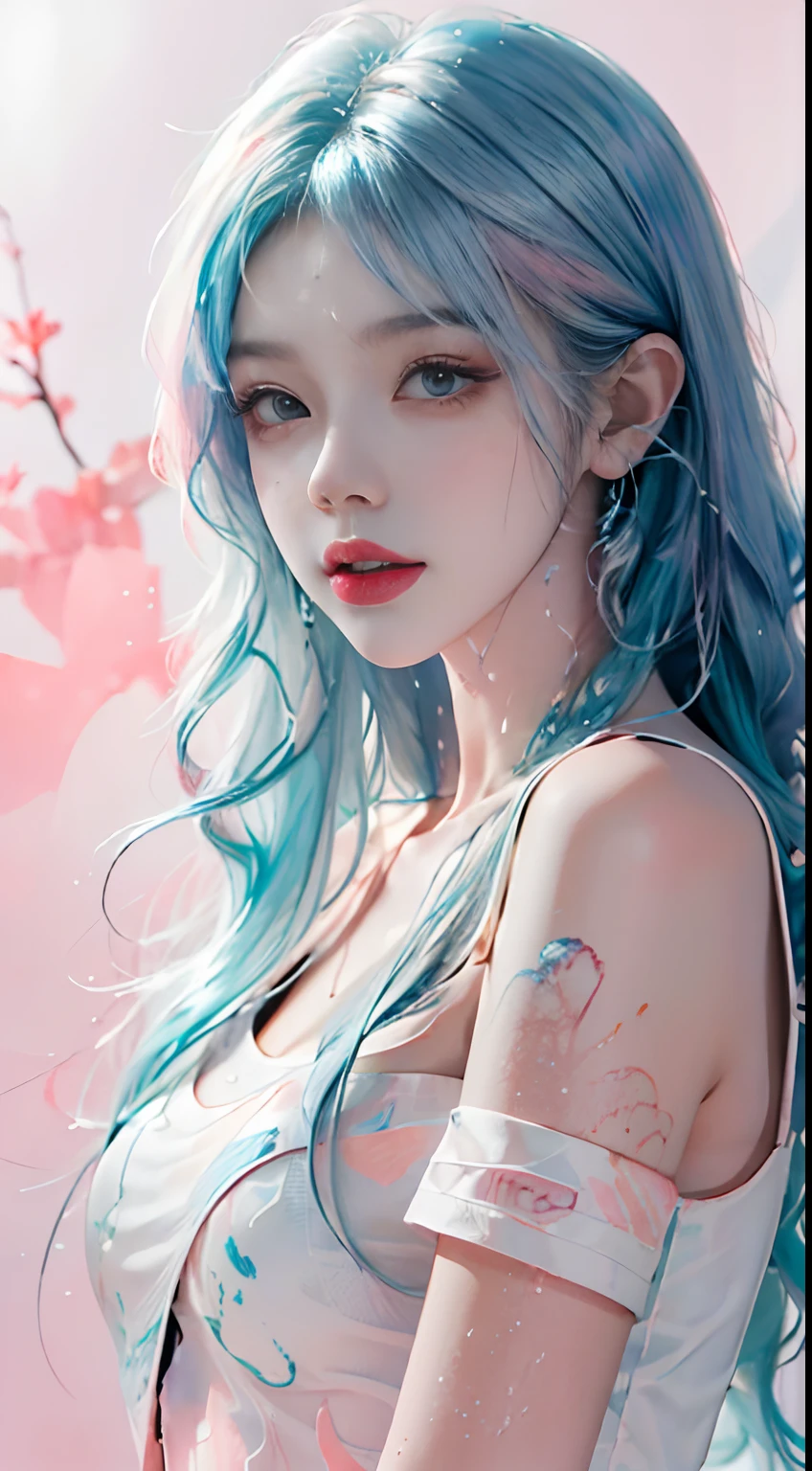 (Masterpiece, Best Quality, High Resolution), White Background, Acrylic Paint, ((Color Splash, Splash of Ink, Color Splash)), Sweet Chinese Girl, Long Light Blue Hair, [Light Blue|Pink] Hair, Curly Hair, Glitter, Peach Lips, White Shirt, Front, Upper Body