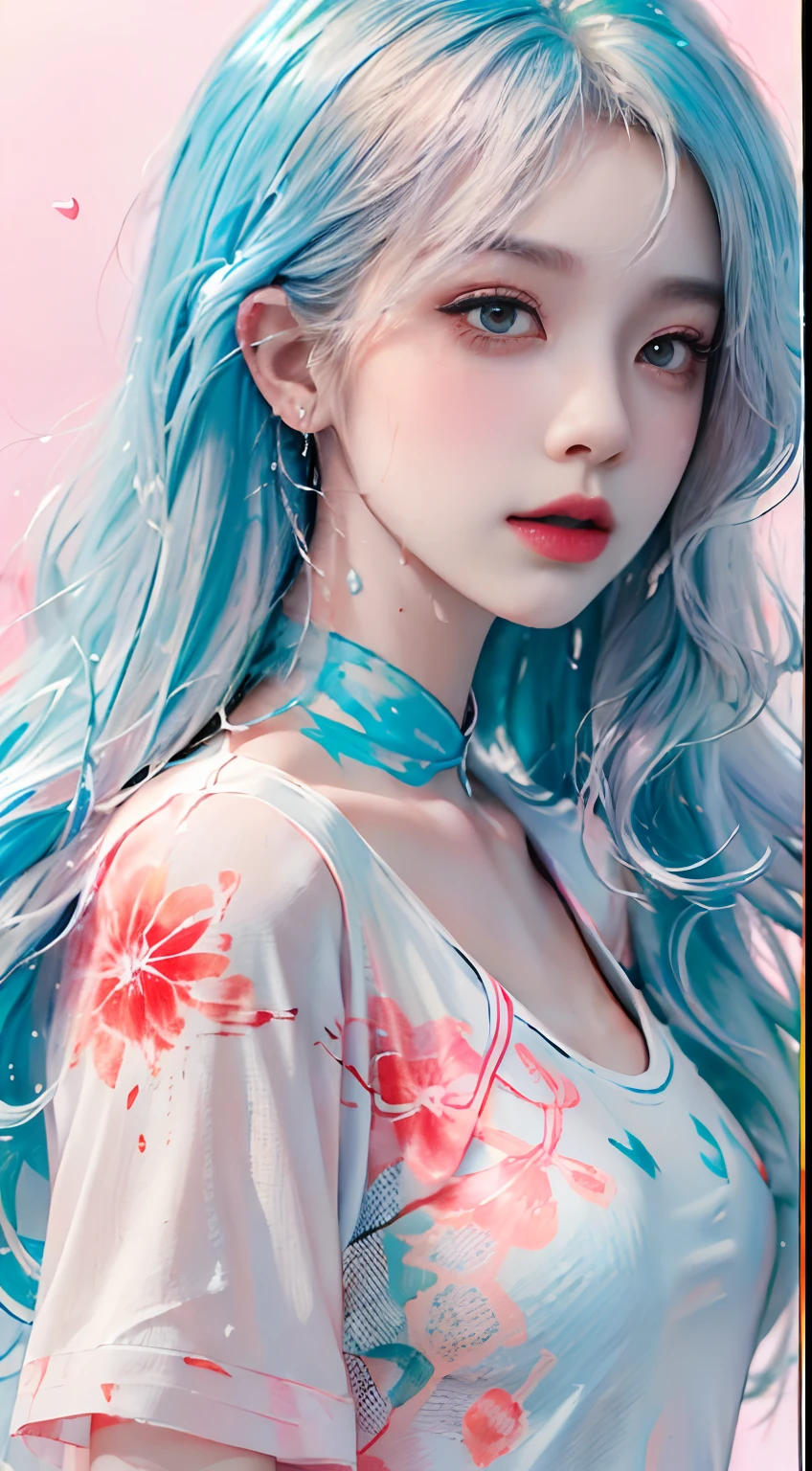 (Masterpiece, Best Quality, High Resolution), White Background, Acrylic Paint, ((Color Splash, Splash of Ink, Color Splash)), Sweet Chinese Girl, Long Light Blue Hair, [Light Blue|Pink] Hair, Curly Hair, Glitter, Peach Lips, White Shirt, Front, Upper Body