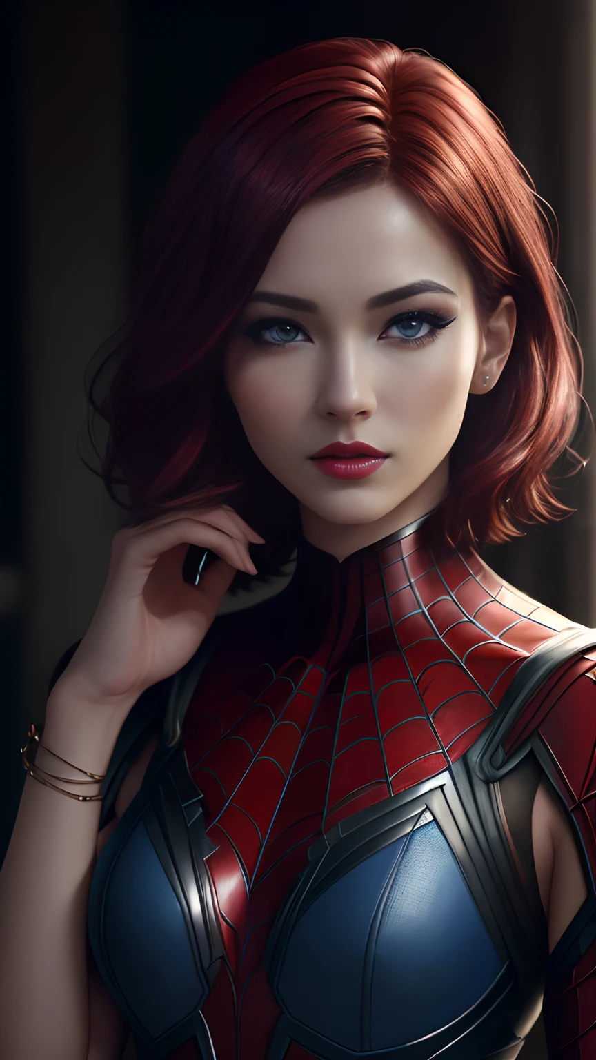 ((three-quarters of body)), ((bob style haircut)), (RAW, analogue, Nikon Z 14mm ultra wide angle lens, award-winning glamor photography, ((best quality)), (masterpiece), ((realistic)), skin pores, subsurface scattering, light rays radiant, high resolution, detailed facial features, high detail, sharp focus, soft, aesthetic, extremely detailed (extremely detailed eyes, extremely detailed iris), extremely detailed hair, extremely detailed skin, extremely detailed clothing, octane rendering, photorealistic, realistic , post-processing, maximum detail, realistic shadows, roughness, natural skin texture, real life, ultra-realistic, photorealism, photography, 8k UHD, photography, hdr, intricate, elegant, highly detailed, sharp focus, stunning, beautiful, magnificent), detailed and Beautiful and realistic 24 year old girl like Marvel's Spiderman, ((blue eyes)), makeup, soft red painted lips, full body visible, (red hair), realistic skin, photorealistic, realistic and cinematic shot (wallpaper CG unity 8k extremely detailed), trending on ArtStation, trending on CGSociety, high detail, sharp focus, dramatic background, beautiful, full shot, high quality, (beautiful face), (detailed face), detailed hands, beautiful hands