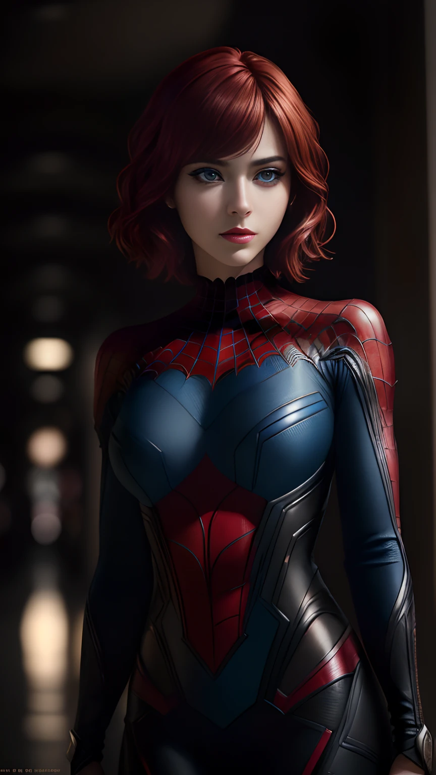 ((three-quarters of body)), ((bob style haircut)), (RAW, analogue, Nikon Z 14mm ultra wide angle lens, award-winning glamor photography, ((best quality)), (masterpiece), ((realistic)), skin pores, subsurface scattering, light rays radiant, high resolution, detailed facial features, high detail, sharp focus, soft, aesthetic, extremely detailed (extremely detailed eyes, extremely detailed iris), extremely detailed hair, extremely detailed skin, extremely detailed clothing, octane rendering, photorealistic, realistic , post-processing, maximum detail, realistic shadows, roughness, natural skin texture, real life, ultra-realistic, photorealism, photography, 8k UHD, photography, hdr, intricate, elegant, highly detailed, sharp focus, stunning, beautiful, magnificent), detailed and Beautiful and realistic 24 year old girl like Marvel's Spiderman, ((blue eyes)), makeup, soft red painted lips, full body visible, (red hair), realistic skin, photorealistic, realistic and cinematic shot (wallpaper CG unity 8k extremely detailed), trending on ArtStation, trending on CGSociety, high detail, sharp focus, dramatic background, beautiful, full shot, high quality, (beautiful face), (detailed face), detailed hands, beautiful hands