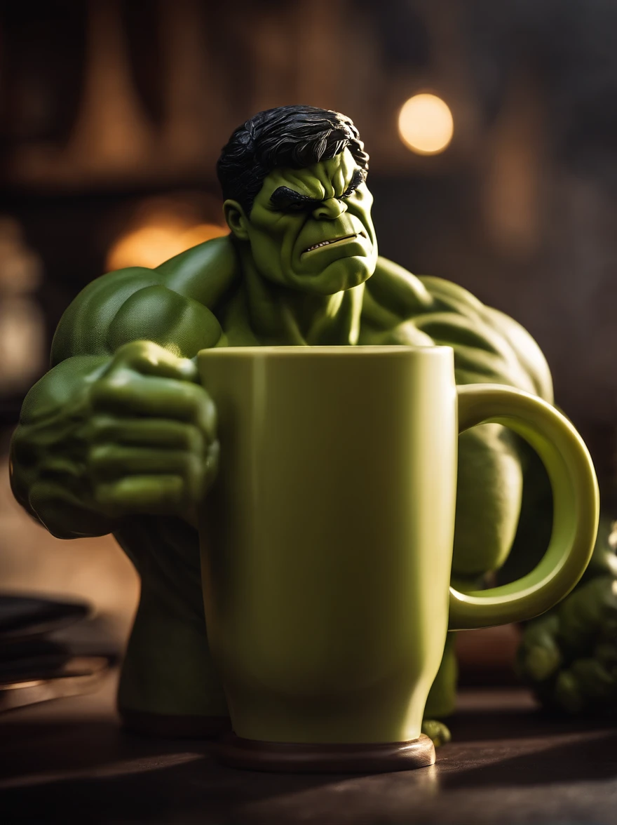 A Hulk-shaped coffee mug, cinemactic, hiper-realista, Epic perspective,