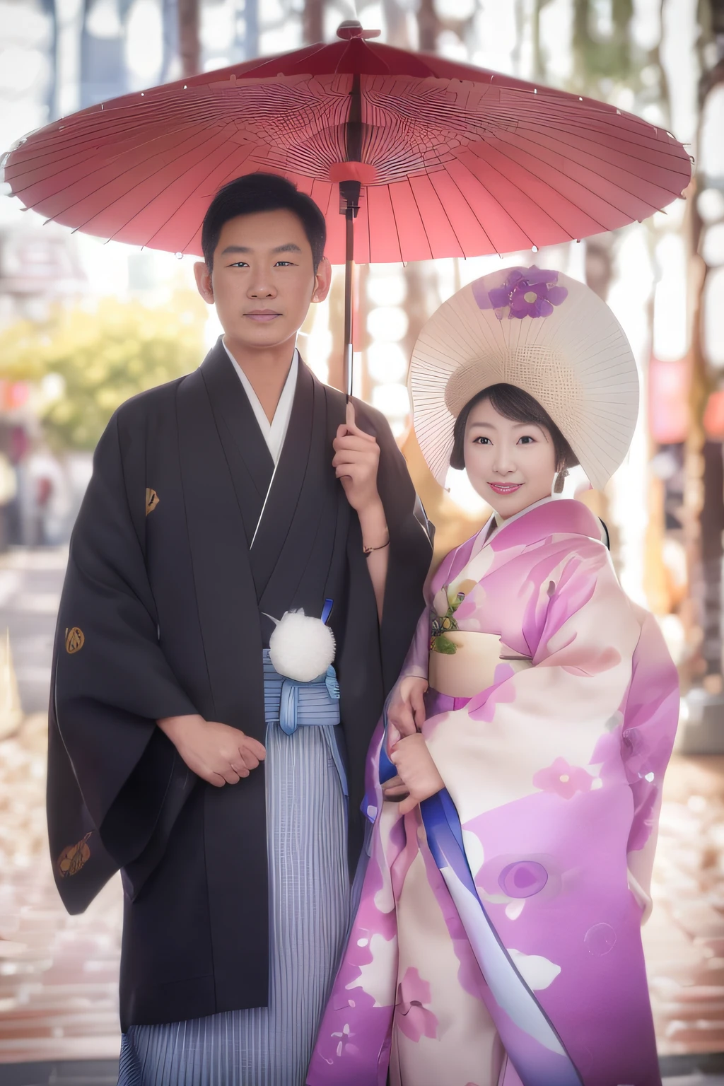 Male and female couples, Japanese umbrella, Kimono, (in 8K, Raw photo, of the highest quality, masutepiece:1.2), Super Detail, 超A high resolution, (Realistic, Photorealistic:1.2), high-definition RAW color photography, professional photograpy, depth of fields, Very fine and beautiful, Very detailed, in 8K, Moisturizing Muscle Dentistry, Digital SLR, 800mm lens