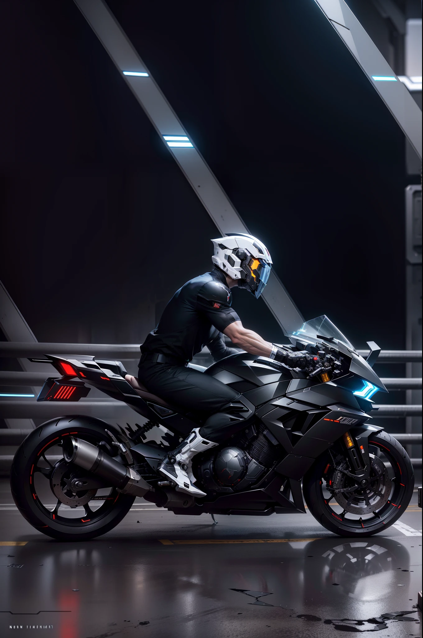 Handsome full body black mecha white short hair cyber handsome warrior, black cyber mechanical motorcycle, high-tech black full surround helmet, white short hair, Nousr, biomechanics, MSHN robot man, high-tech helmet, surreal, steel, complex design, crazy details, fine details, extremely clear lines, cinematic lighting, photo realism, detailed masterpiece