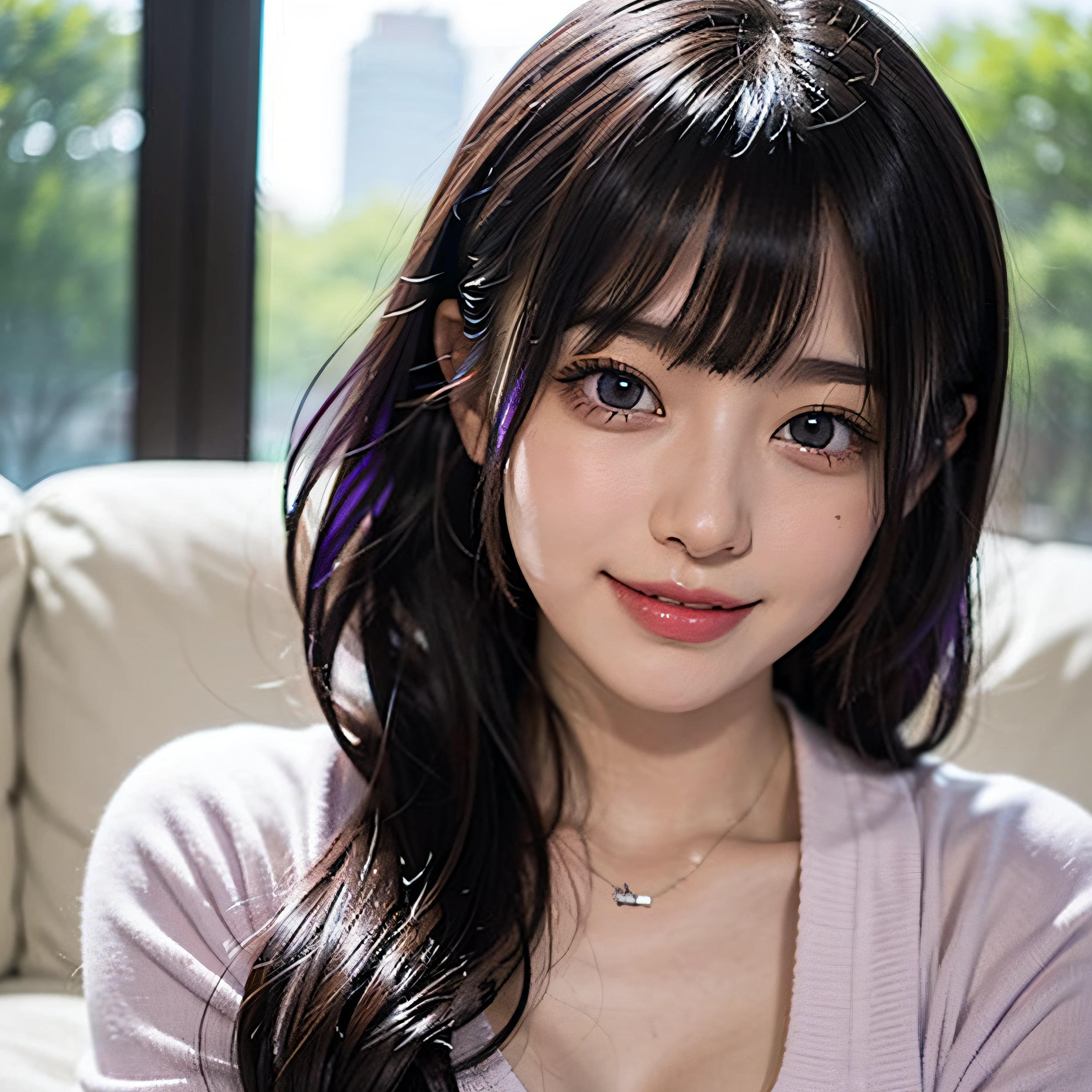 Best Quality, High quality, Cute s, Solo, Beautiful purple hair, Beautiful purple eyes, lightsmile,
