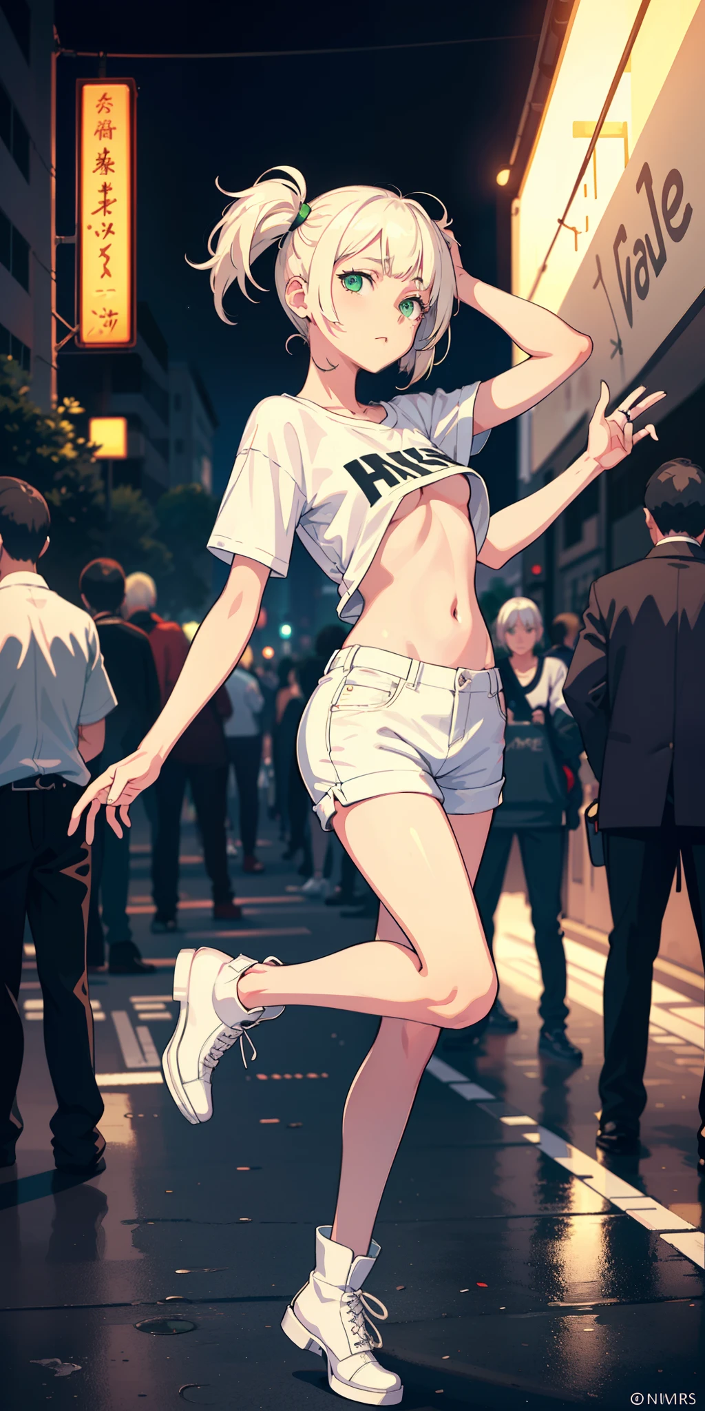 tmasterpiece, best qualtiy, NSFW, 1girl, platinum blond hair, short detailed hair, Green eyes, pigtails, Small lively breasts, Have on the street, the night, neonlight, white t - shirt, no-bra, White hot pants, Poker face, up front view, standing on your feet, in crowd,