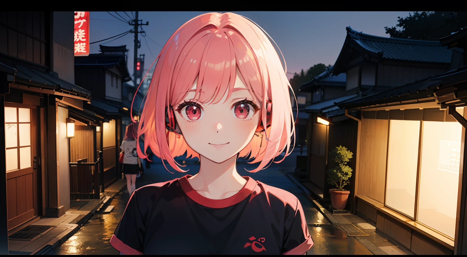 Red LED Female Illustration Profile,tshirts,Hairstyle Short Bob,Pink hair,Wear overhead headphones, A smile、front-facing view, Background of Japan in Tokyo, natta,night scene,Provector, high detailing, Vibrant, Japan hologram symbol, Barcode Design, 4K, nffsw, masutepiece