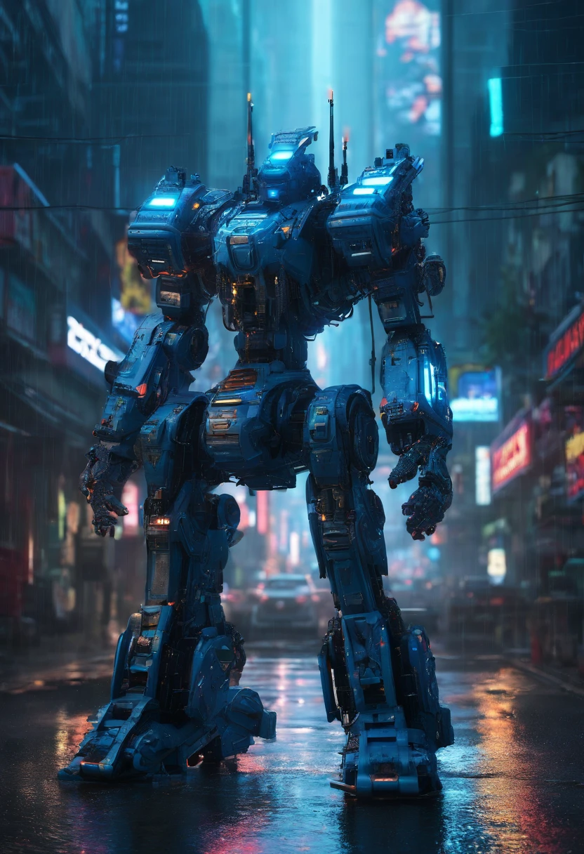 Um mecha azul, estilo caranguejo, com metralhadoras, em uma floresta chuvosa e sombria, where the rain reflects the vibrant lights of the city in the distance, criando um contraste futurista, HD 4k