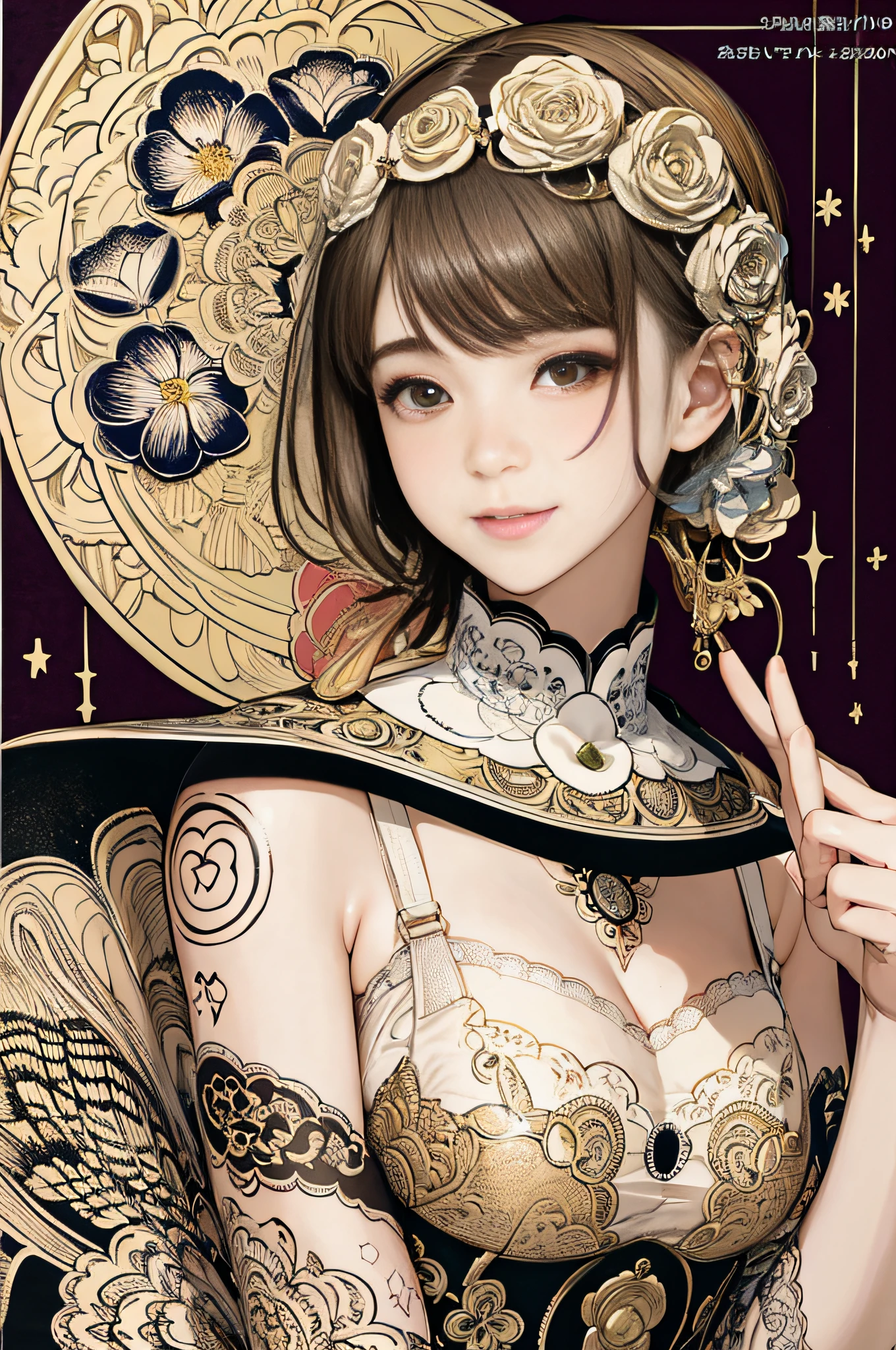 (masterpiece, top quality, best quality, official art, beautiful and aesthetic: 1.2), (1girl: 1.3), very detailed, (fractal art: 1.1), (color: 1.1) (flowers: 1.3), (by Yuko Higuchi:1.4), Higuchi Yuko,(by Yoh:1.2),(lineart),line drawing,pen drawing,zentangle,(tattoo pattern:1.2),(Intricate lines),(masterpiece),(best quality:1.1), (ultra-detailed),best illustration,finely detail,hand drawn high quality,High contrast,(clean lines:1.3),ligne claire,(Portrait),(extremely close-up:1.1),1 girl,solo,A girl is surrounded by colorful mushrooms,(Intricate details:1.3),(detailed background:1.2),(colored background:1.1),sketch,Intricate details,High Resolution, alluring smile, space opera, garden, stars, subtle lingerie