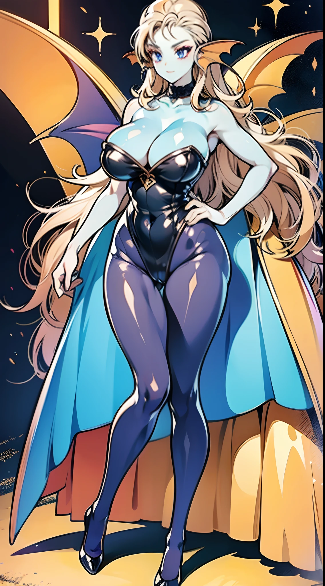 8K, high quality, animated drawing, married woman, beautiful, clean, described from head to waist, bright, highlights in eyes, eyes purple, sexy, super big tits, oversized boobs, erotic, blue skin, blue and orange gradient fins, dark makeup, standing posture, shiny outfit, black leotard, net tights on legs,