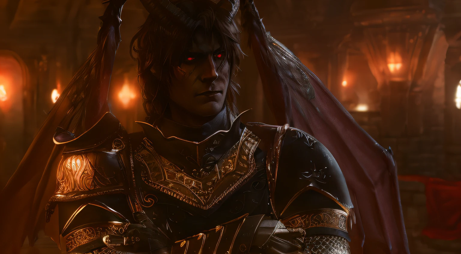 Tiefling, Cambion, bat wings, baldur's gate, long messy hair, soft face