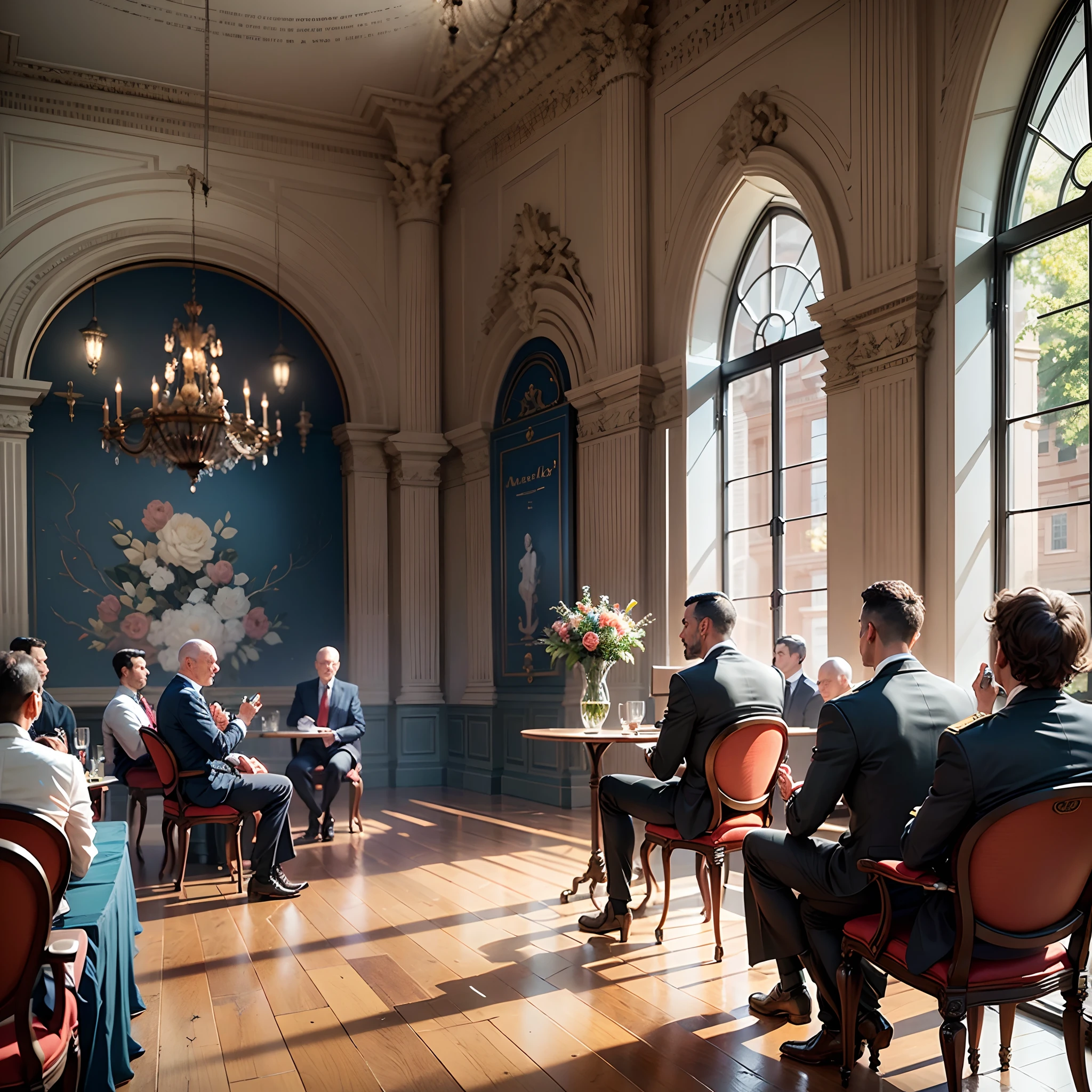"Imagem: Renowned writer Napoleon Hill is on stage, engaging and charismatic, while sharing valuable insights with a group of attentive entrepreneurs. The businessmen are seated in chairs arranged in front of the stage, fixing his gaze on Hill with admiration and interest, prontos para absorver as palavras do mestre." My approach to digital oil painting highlights dark and bright blue hues, with a focus on meticulous realism and the application of meticulous textures to create depth and engaging atmosphere in the images --auto --s2