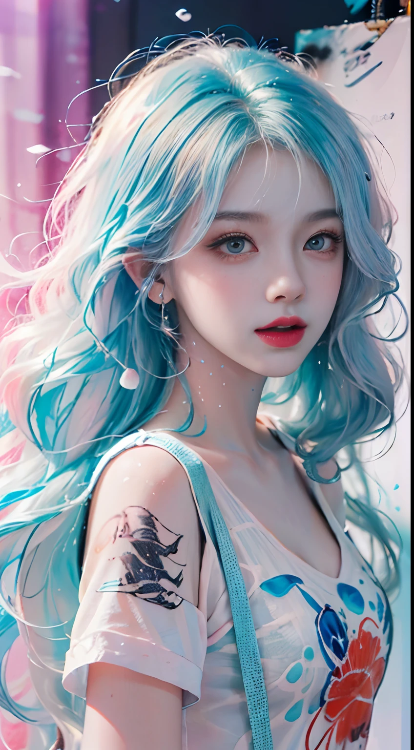 (Masterpiece, Best Quality, High Resolution), White Background, Acrylic Paint, ((Color Splash, Splash of Ink, Color Splash)), Sweet Chinese Girl, Long Light Blue Hair, [Light Blue|Pink] Hair, Curly Hair, Glitter, Peach Lips, White Shirt, Front, Upper Body