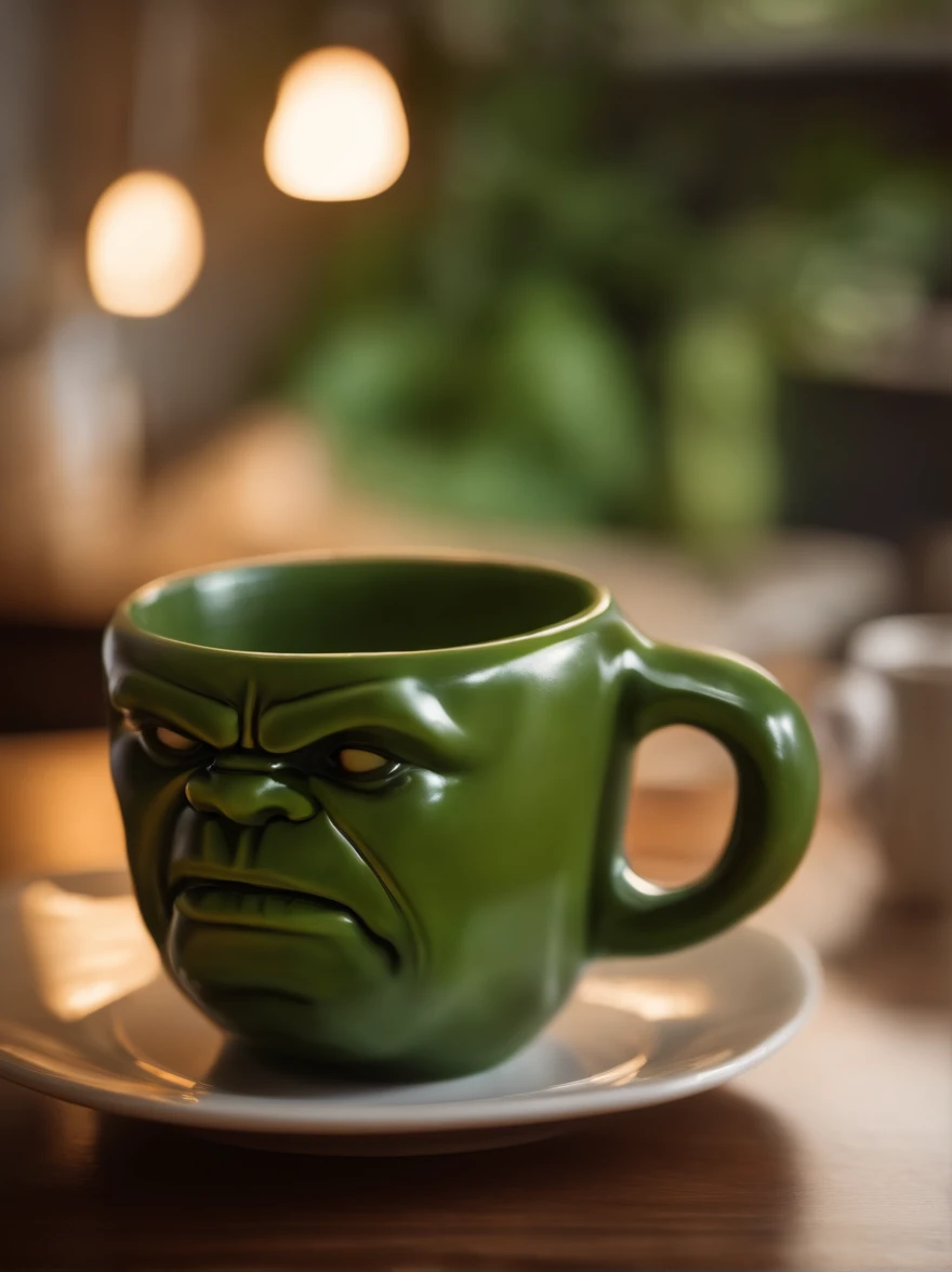 A Hulk-shaped coffee mug, cinemactic, hiper-realista, Epic perspective,