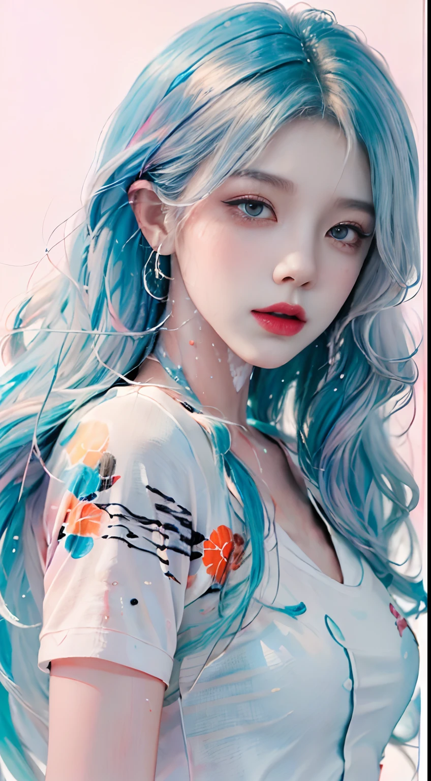 (Masterpiece, Best Quality, High Resolution), White Background, Acrylic Paint, ((Color Splash, Splash of Ink, Color Splash)), Sweet Chinese Girl, Long Light Blue Hair, [Light Blue|Pink] Hair, Curly Hair, Glitter, Peach Lips, White Shirt, Front, Upper Body