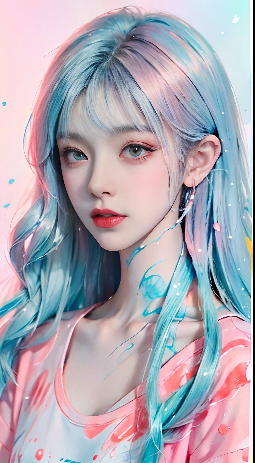 (Masterpiece, Best Quality, High Resolution), White Background, Acrylic Paint, ((Color Splash, Splash of Ink, Color Splash)), Sweet Chinese Girl, Long Light Blue Hair, [Light Blue|Pink] Hair, Curly Hair, Glitter, Peach Lips, White Shirt, Front, Upper Body