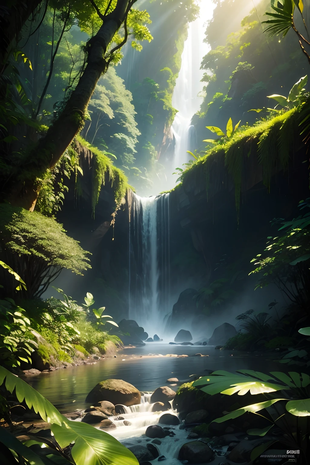 Capture the interplay of light and shadow in this rich, diverse ecosystem, emphasizing the natural beauty and abundance of the Amazon rainforest. The image should convey a feeling of reverence for this ancient and awe-inspiring environment, where nature reigns supreme in all its lush, dramatic, and soft glory