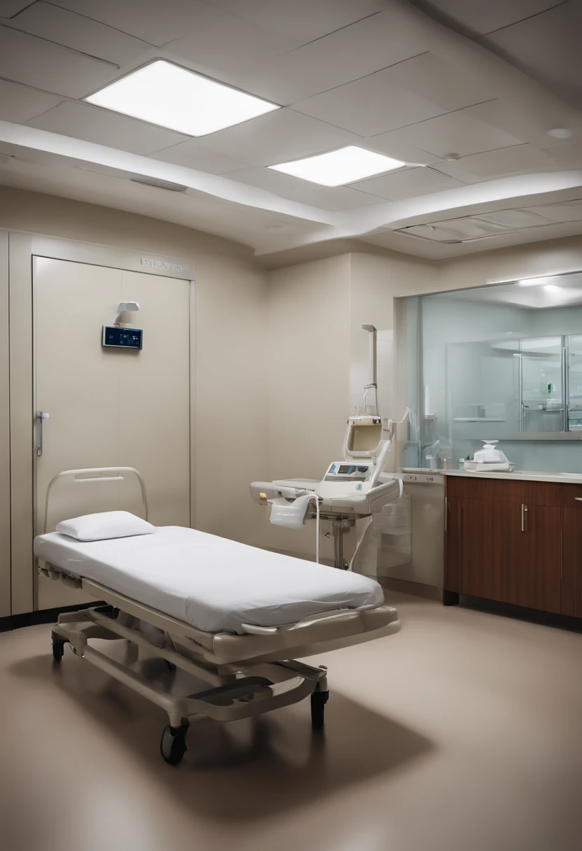 Hospital por dentro, corredor extenso totalmente branco e limpo, com apenas 3 portas a esquerda e a direita, ambiente fechado, 4k