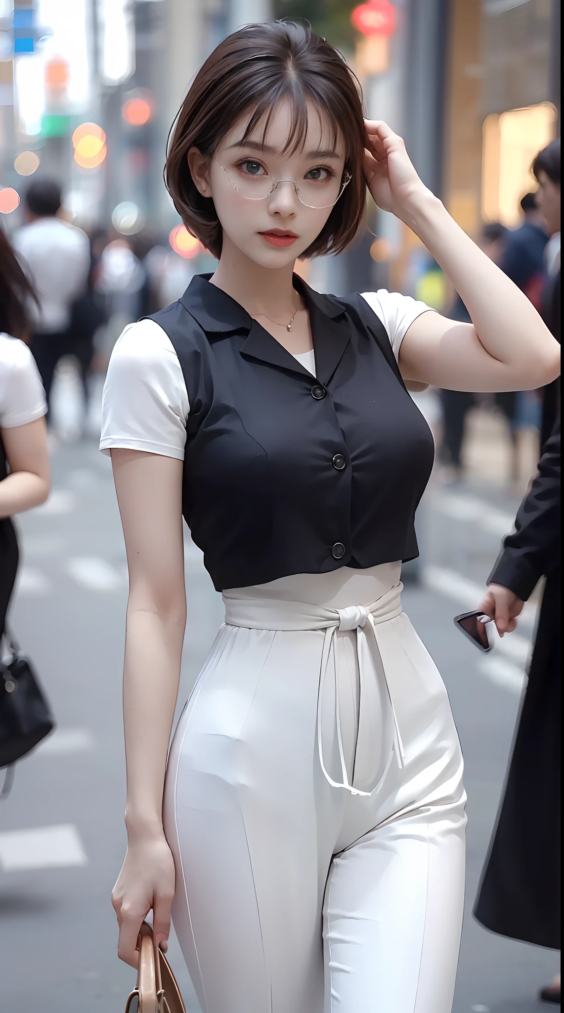 (1 Glasses Girl:1.3, Solo), (Audrey Hepburn:1.3), (A very beautiful and beautiful Japanese woman), (Sexy girl), (Professional attire:1.3), (22 years old: 1.1), (Walk from Tokyo Station:1.3), (Attractive random poses:1.3), (in Tokyo:1.3), (looking straight at you:1.3), (stare at you:1.3), (Front view:1.3), Break, (pony tails:1.3), (Shiny black thinning hair:1.2), bangs, Dark brown eyes, Beautiful eyes, Princess Eyes, (Big eyes:1.3), bangs, wears glasses:1.3, hair between eye, Short hair:1.3, (Slender:1.1), (small medium breasts:0.95), (Thin waist: 1.15), (detailed beautiful girl: 1.4), parted lip, Red lips, full makeup, (Shiny skin), ((Perfect female body)), (Upper body image:1.3), Perfect anatomy, Perfect proportions, (The most beautiful Korean actress face:1.3, Extremely cute and beautiful Japanese actress face:1.3), Break, (View viewer, Wearing cute bitch coordinates, (Crazy meticulous white cotton vest:1.3), (Beige leather leather pants:1.3), (Pin-heels:1.3), Detailed clothes, Break, (Detailed background of the Tokyo Conference:1.2), (Soft studio lighting: 1.3), (Fake lights: 1.3), (Backlight: 1.3), Break, (Realistic, Photorealistic: 1.37), (Masterpiece, Best quality: 1.2), (超高分辨率: 1.2), (RAW photo: 1.2), (Sharp focus: 1.3), (Face focus: 1.2), (Ultra detailed CG unified 8K wallpaper: 1.2), (Beautiful skin: 1.2), (Pale skin: 1.3), (super sharp focus: 1.5), (super sharp focus: 1.5), (Beautiful pretty face: 1.3), (Super detailed background, detailedbackground: 1.3), Ultra Realistic Photo, Hyper Sharp Image, Hyper Detail Image,