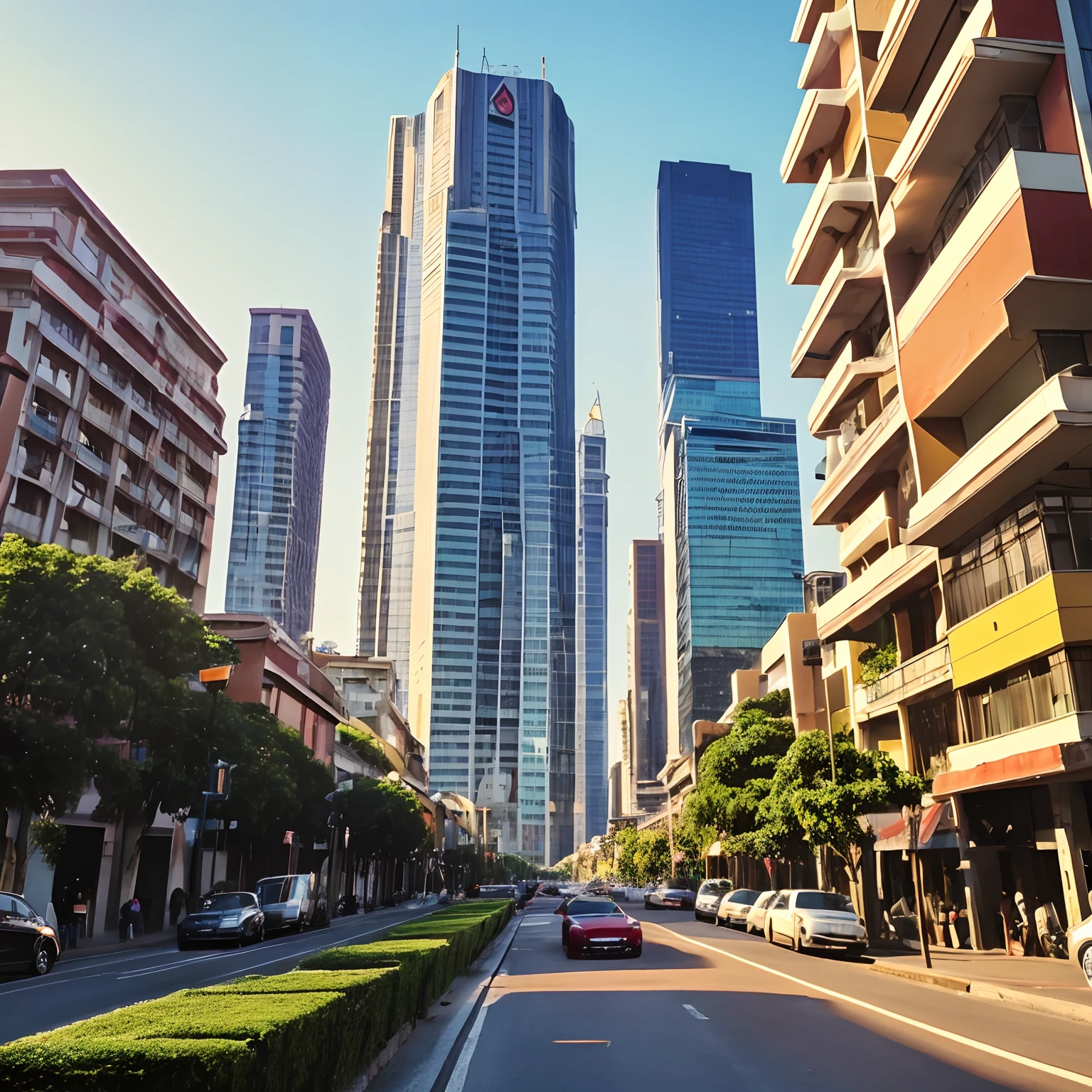 (best quality:1.2,Altas:1.2),Photorealistic portrait of a stunning and vibrant cityscape in São Paulo, Brasil, with perfectly paved streets and contemporary architecture. The cityscape boasts a dense cluster of towering skyscrapers, caracterizados por seus designs elegantes e fachadas de vidro refletivo. The streets are impeccably maintained, with perfectly asphalted surfaces that glow in the warm sunlight. A cena cativa os espectadores com sua movimentada energia urbana, enquanto os carros atravessam suavemente as estradas, criando faixas coloridas de movimento. The inspiring cityscape encompasses residential and commercial buildings, featuring a harmonious blend of modern architectural styles. The city skyline is adorned with a symphony of skyscraper structures of different shapes, offering a visually striking composition. The atmosphere is vibrant and full of life, as pedestrians navigate the sidewalks, adding a sense of scale and dynamism to the overall representation. A paisagem urbana apresenta uma rica variedade de cores, variando de tons vibrantes de azul, vermelho, and green adorning the buildings, to the warm shades of yellow and orange that paint the sky during sunset. The lighting is meticulously crafted to create dramatic shadows and highlights, enhancing the depth and realism of the scene. The entire cityscape exudes a sense of wonder, highlighting the grandeur and modernity of São Paulo's urban landscape.