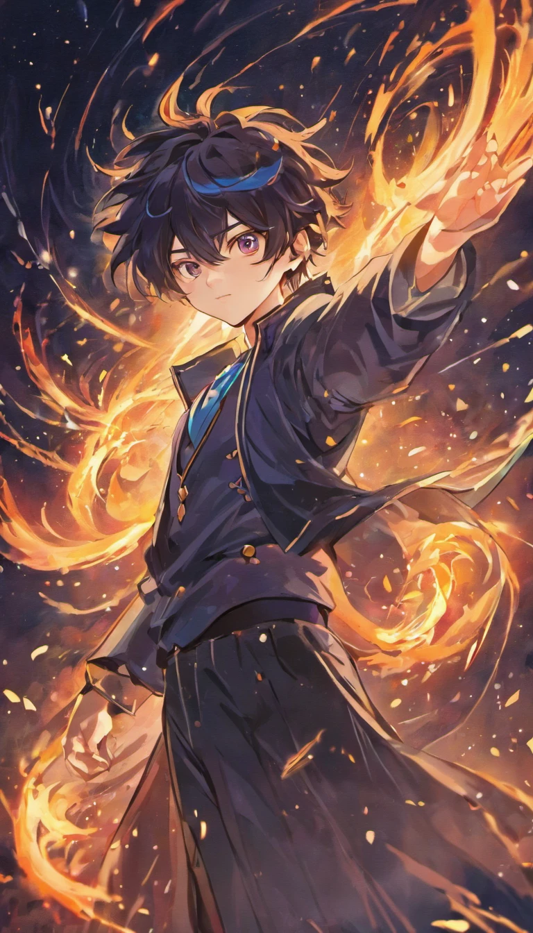 a painting that represents the essence of magic in your world, mostrando o cabelo preto, Protagonist with bright golden eyes with a mystical black mark on his neck immersed in a cascade of purple fire magic energy, with glowing particles dancing around him and arcane symbols forming in the air