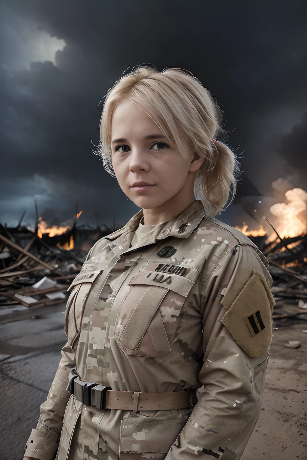 A portrait of a lone blond sad female soldier  (wearing full army uniform : 1.4) in the debris of a destroied village in the vietnam war, stormy sky in the background, (burning debris) , nikon d850 film photograph, rich colors hyper realistic lifelike texture dramatic lighting, army uniform