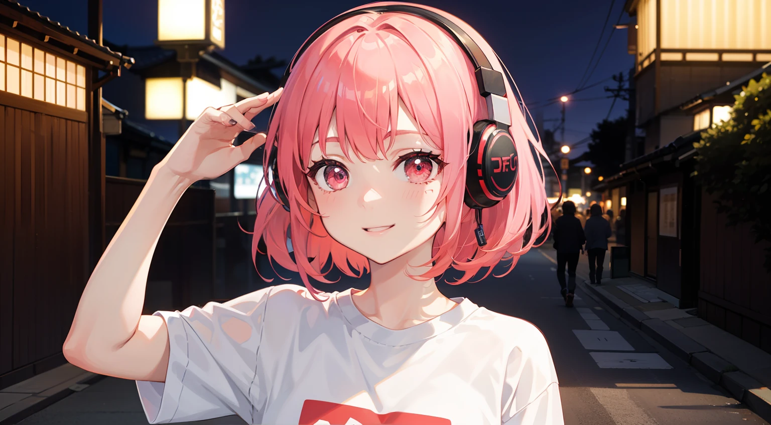 Red LED Female Illustration Profile,white t-shirts,Hairstyle Short Bob,Pink hair,Wear overhead headphones, A smile、front-facing view, Background of Japan in Tokyo, natta,night scene,Provector, high detailing, Vibrant, Japan hologram symbol, Barcode Design, 4K, nffsw, masutepiece
