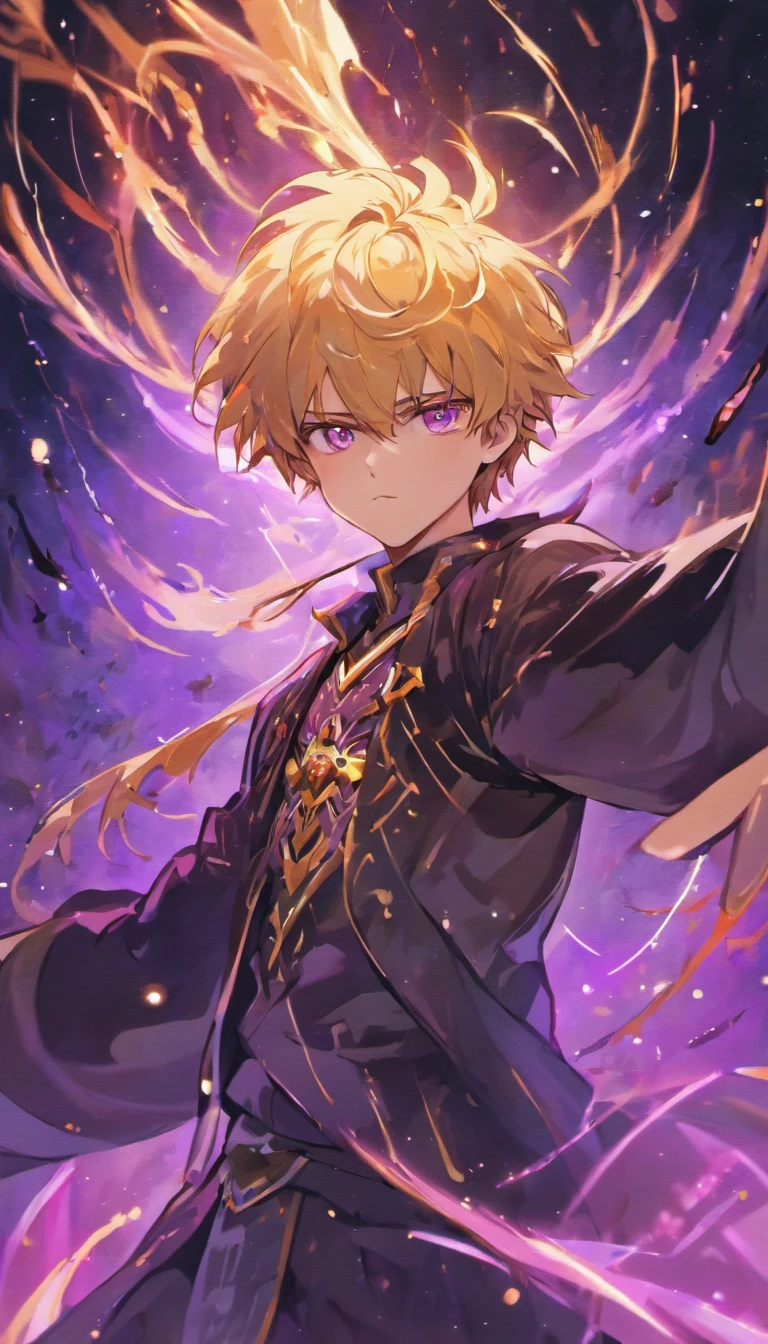 male, solo, handsome, totally black eyes, blond hair, dark purple aura, dark purple pattern on face, yellow and white cloak, yellow aura, holo, high detail, beautiful color, god