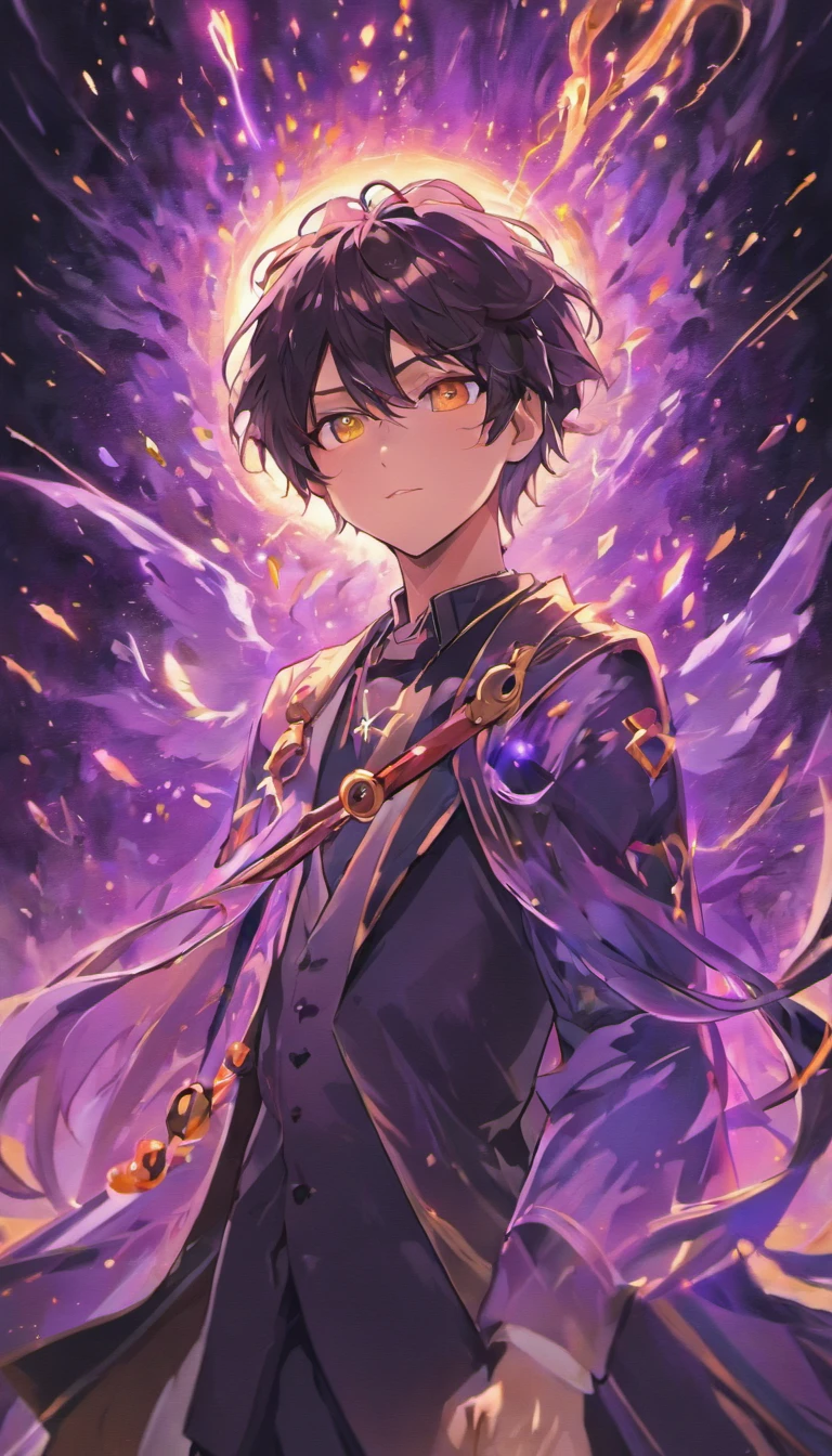 a painting that represents the essence of magic in your world, mostrando o cabelo preto, Protagonist with bright golden eyes with a mystical black mark on his neck immersed in a cascade of purple fire magic energy, with glowing particles dancing around him and arcane symbols forming in the air