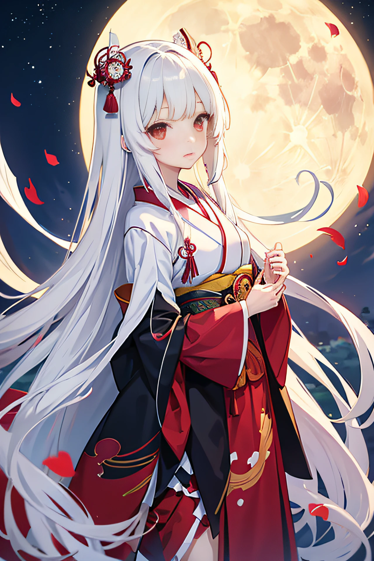 Anime, Cute Girl, Kimono, Long White Hair, Ruby Red Eyes, Princess, Kaguya, Full Moon, Haori, , katana