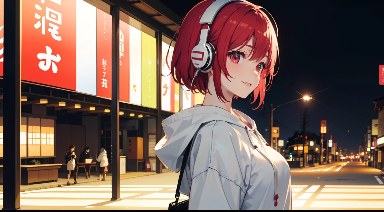 Red LED Female Illustration Profile,White hoodie,Hairstyle Short Bob,Wear overhead headphones, A smile、front-facing view, Background of Japan in Tokyo, natta,night scene,Provector, high detailing, Vibrant, Japan hologram symbol, Barcode Design, 4K, nffsw, masutepiece
