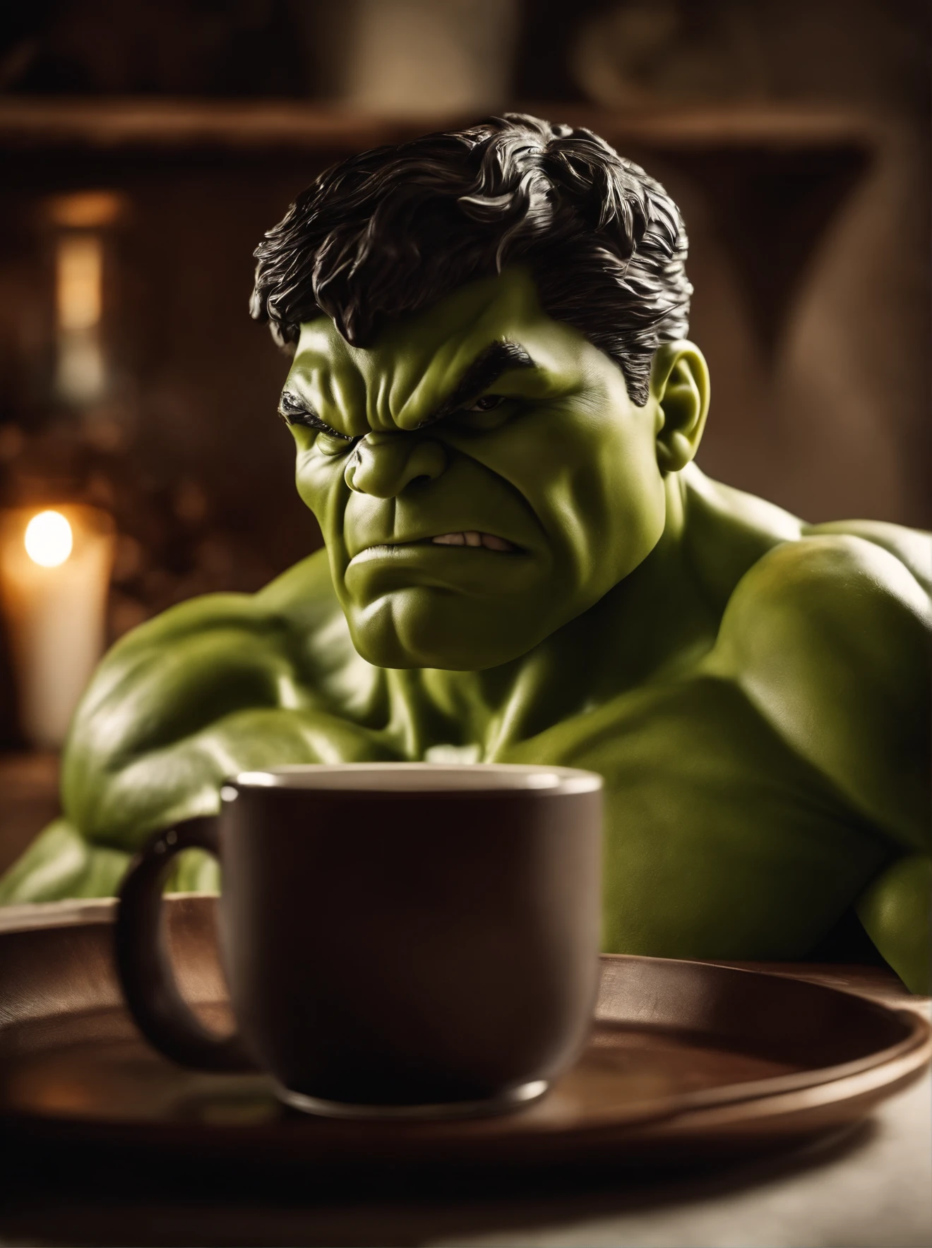 A Hulk-shaped coffee mug, cinemactic, hiper-realista, Epic perspective,