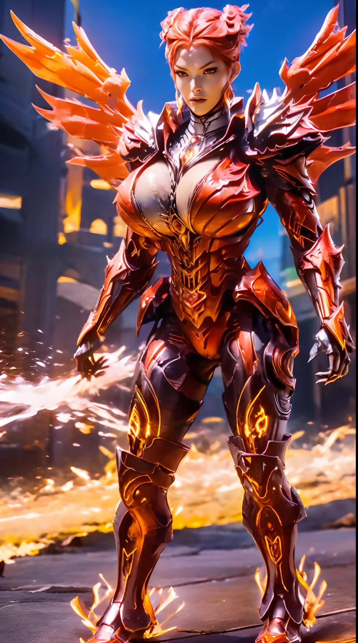 HUGE BOOBS, FIRE MECHA ARMOR FULL SUIT, (CLEAVAGE), (A PAIR LARGEST PHOENIX WINGS), TRANSPARANT, TALL LEGS, STANDING, SEXY BODY, MUSCLE ABS.