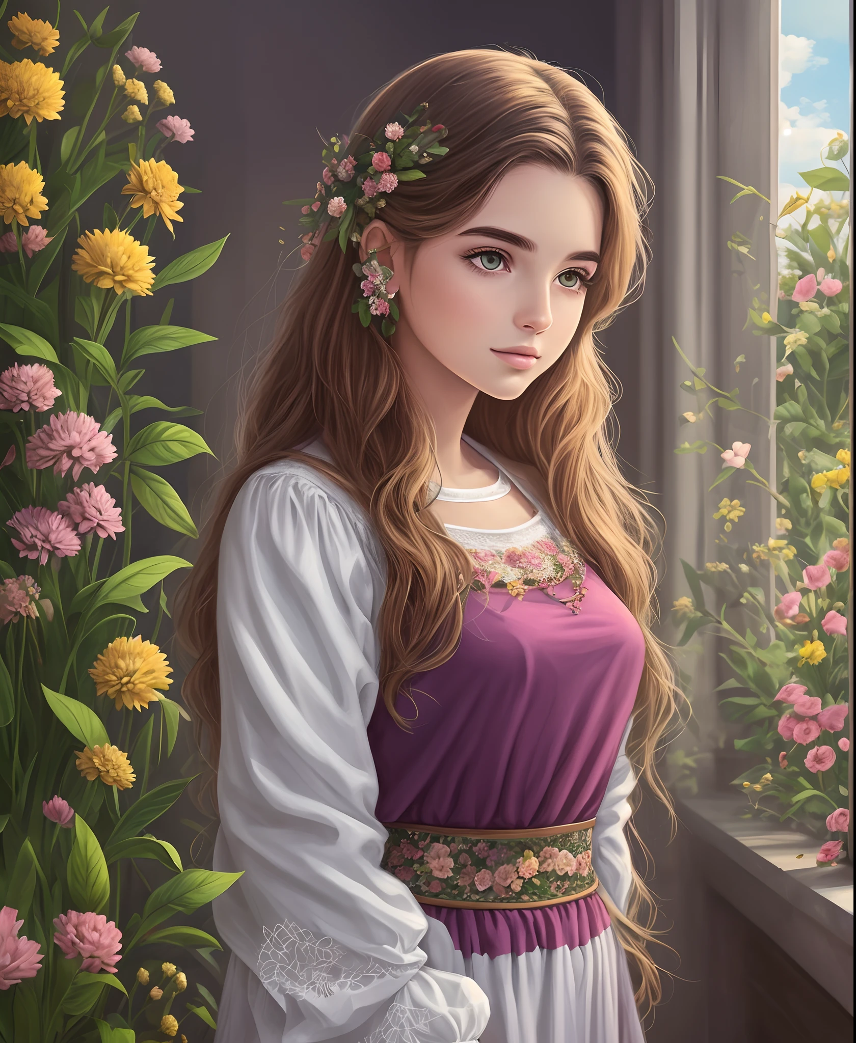Illustration of a mystical girl in floriculture, cheirando rosas, realista, alto detalhes, Ultra resolution, 32k. --auto --s2