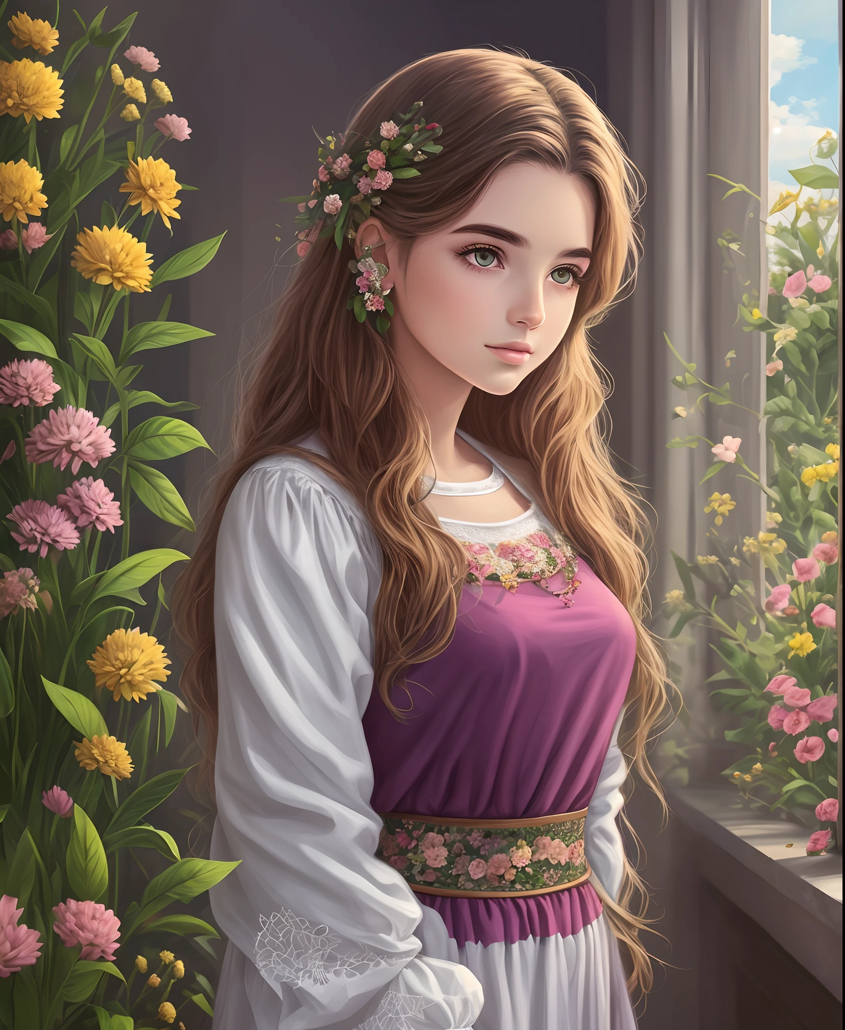 Illustration of a mystical girl in floriculture, cheirando rosas, realista, alto detalhes, Ultra resolution, 32k. --auto --s2