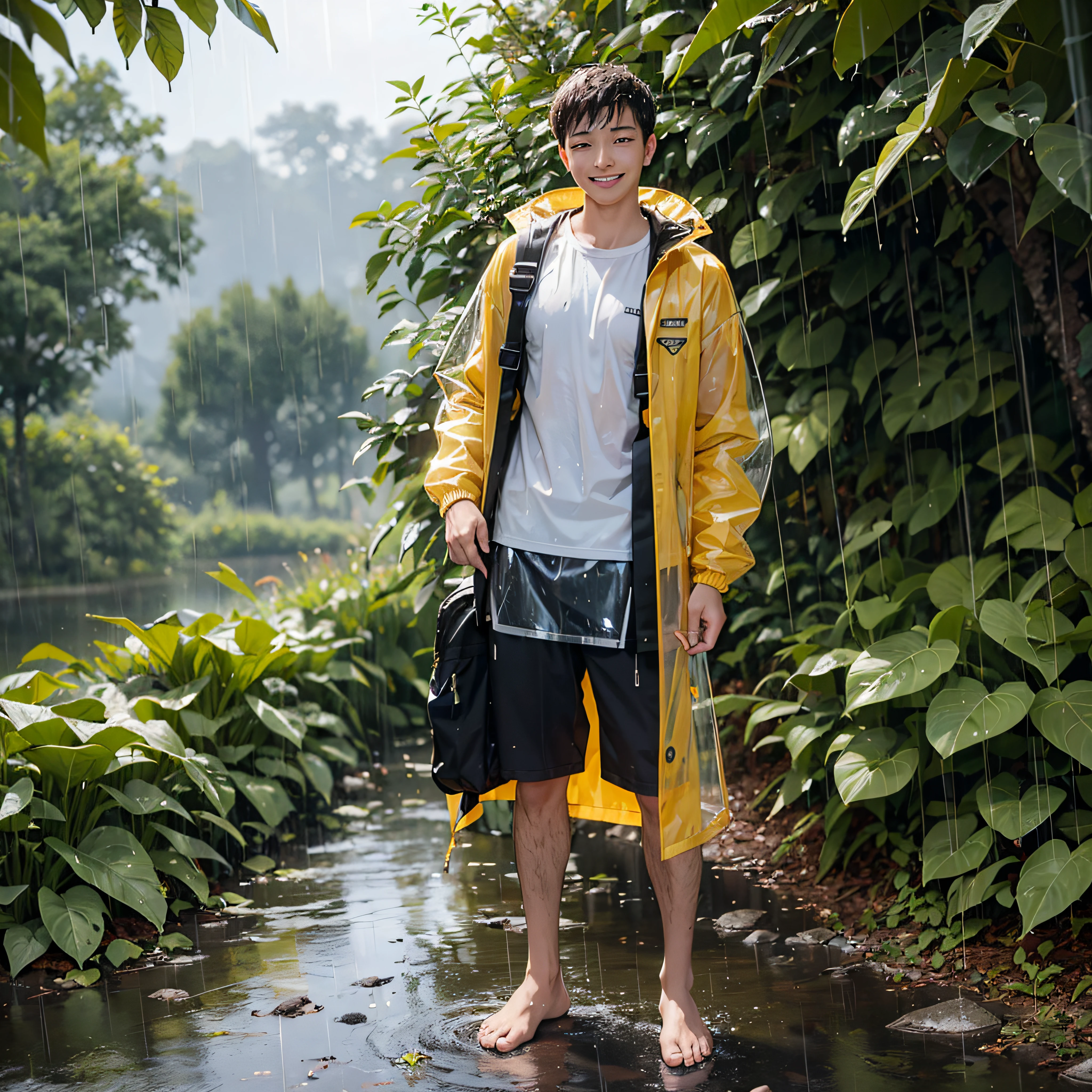 (best quality, masterpiece), boy, deep rain forest, raining, backpack, sun, standing, (clear rain coat, smile, ready to fight, yellow jacket, bare foot, full body)
