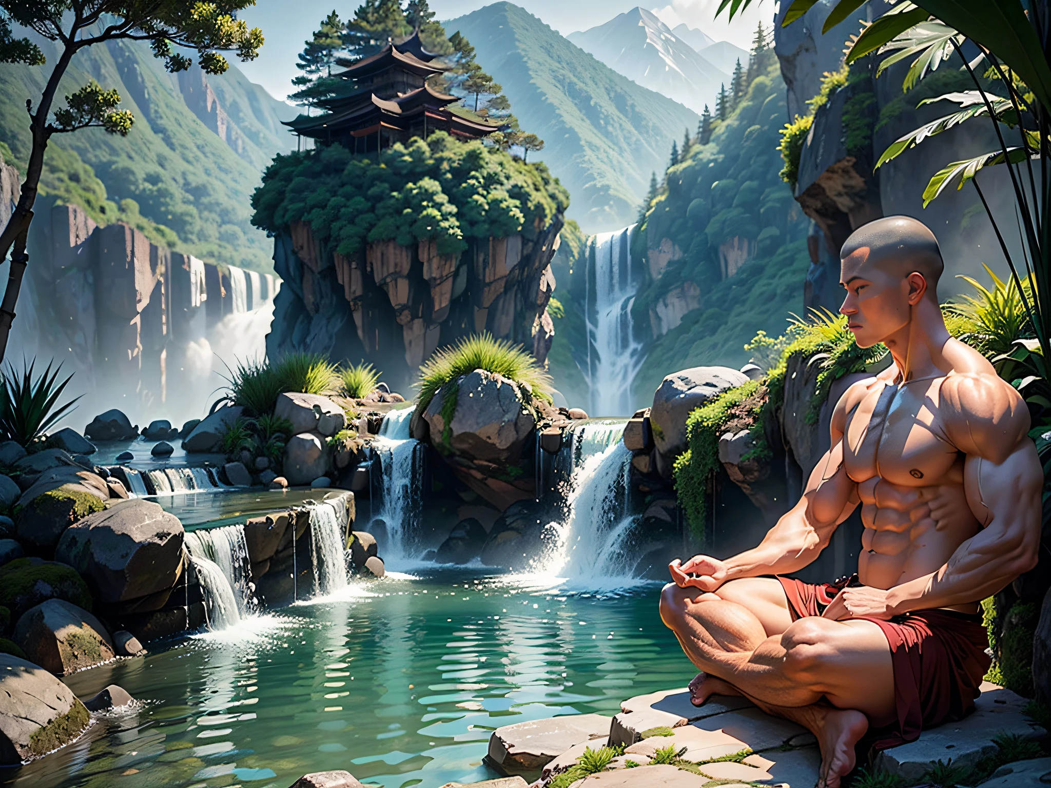 The mountains are hazy,The pool below the waterfall is deep,The bamboo forest sways in the wind (A monk sits cross-legged meditating:1.2) Monk male, slender eyes, pronounced muscle lines throughout the body, mist