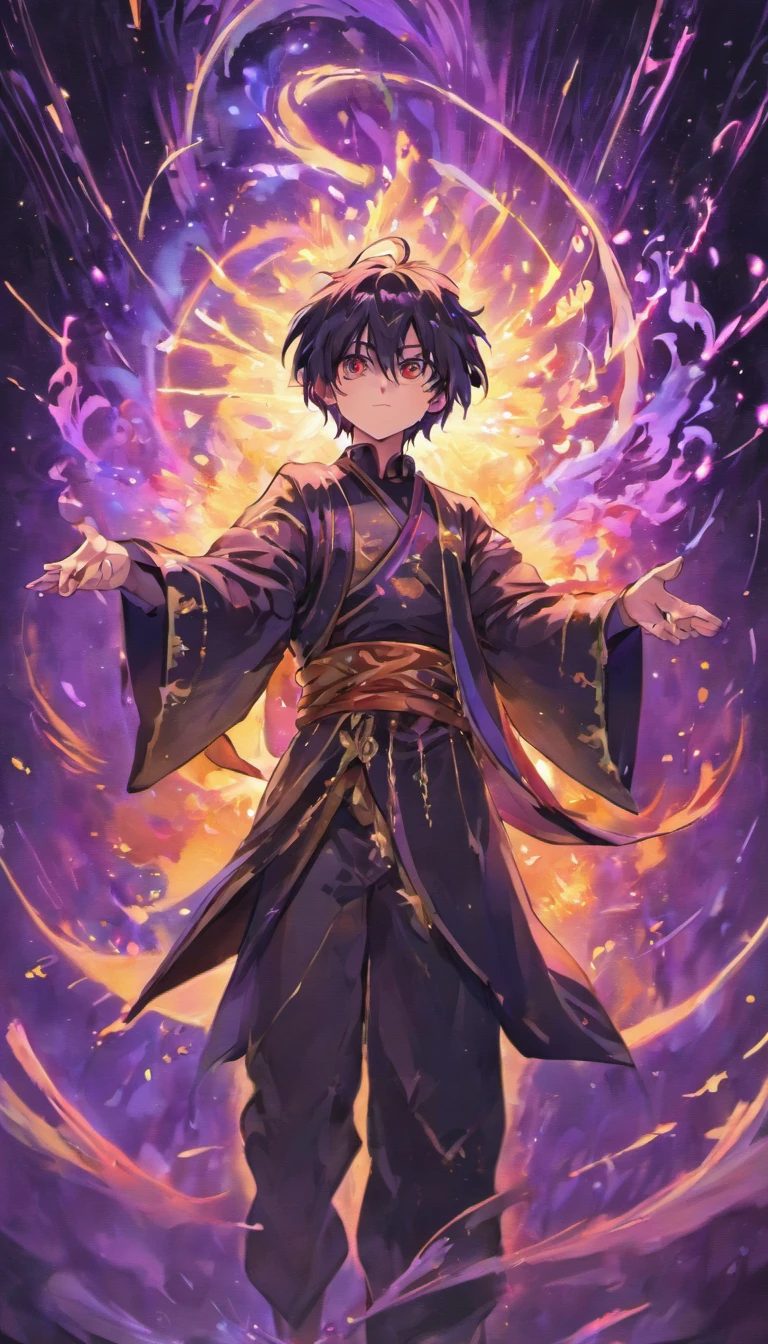 a painting that represents the essence of magic in your world, mostrando o cabelo preto, Protagonist with bright golden eyes with a mystical black mark on his neck immersed in a cascade of purple fire magic energy, with glowing particles dancing around him and arcane symbols forming in the air