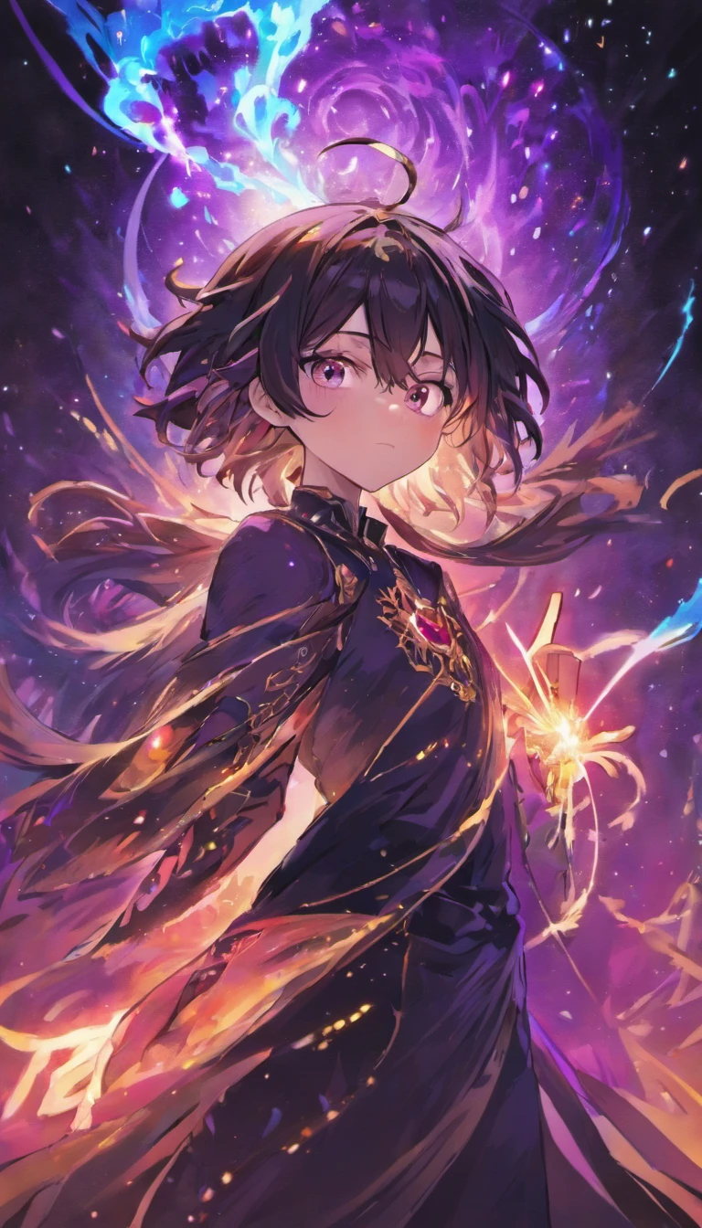 a painting that represents the essence of magic in your world, mostrando o cabelo preto, Protagonist with bright golden eyes with a mystical black mark on his neck immersed in a cascade of purple fire magic energy, with glowing particles dancing around him and arcane symbols forming in the air