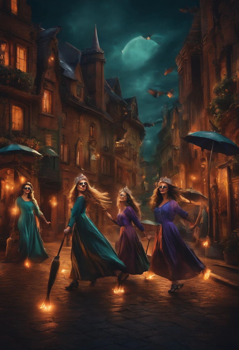 Imagine uma estampa para camisetas, that shows a group of witches on a magical adventure in the city at night, with their brooms turned into flying scooters and wearing magical sunglasses.
