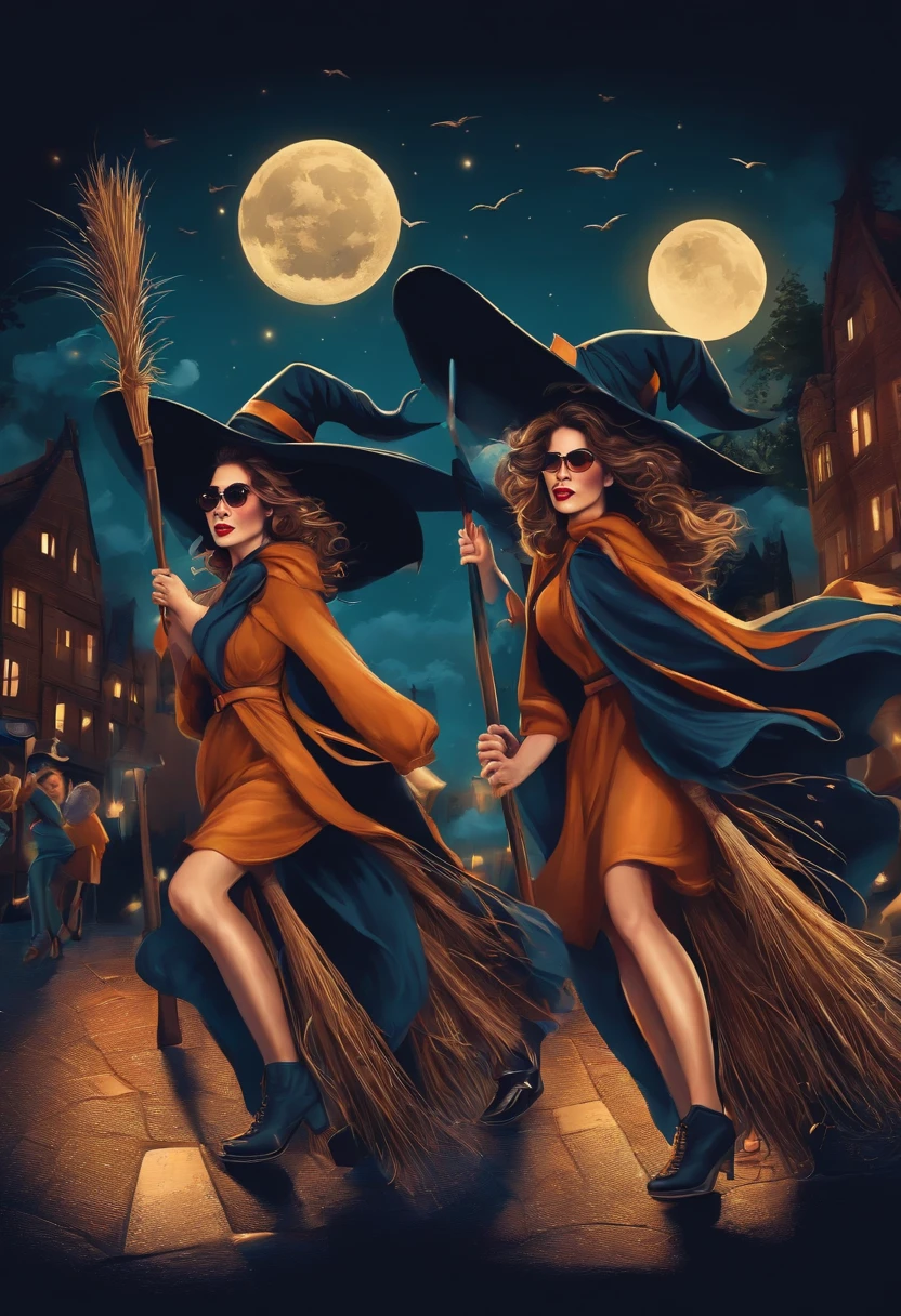 Imagine uma estampa para camisetas, that shows a group of witches on a magical adventure in the city at night, with their brooms turned into flying scooters and wearing magical sunglasses.